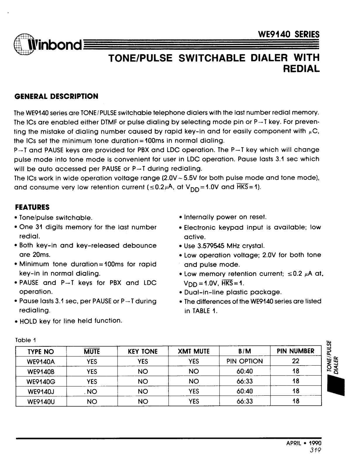 Winbond Electronics WE9140U, WE9140J, WE9140G, WE9140B, WE9140A Datasheet