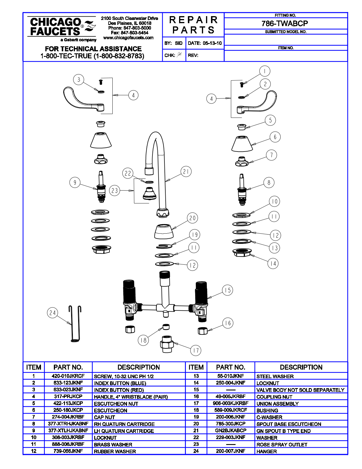 Chicago Faucet 786-TWABCP Parts List