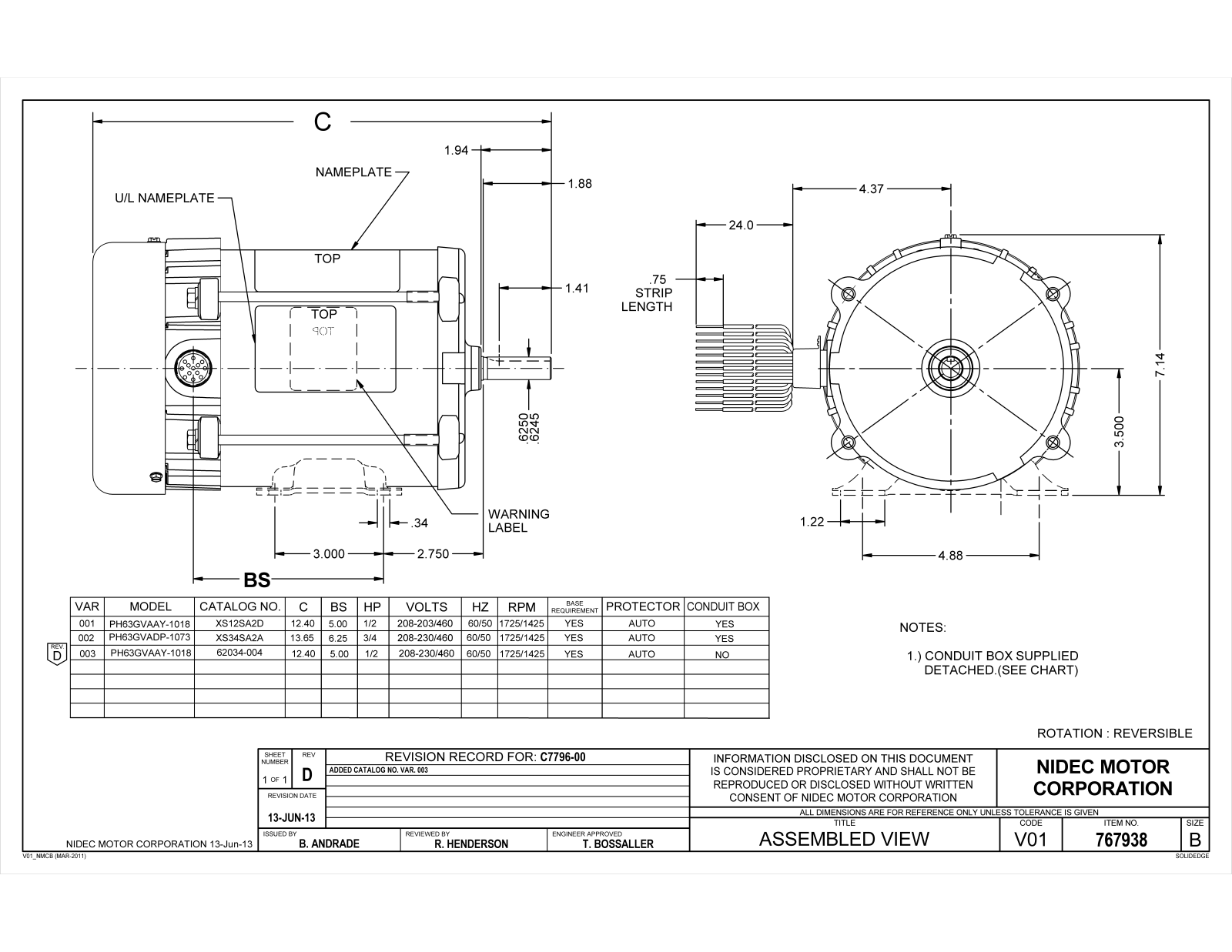 US Motors XS12SA2D, XS34SA2A Dimensional Sheet