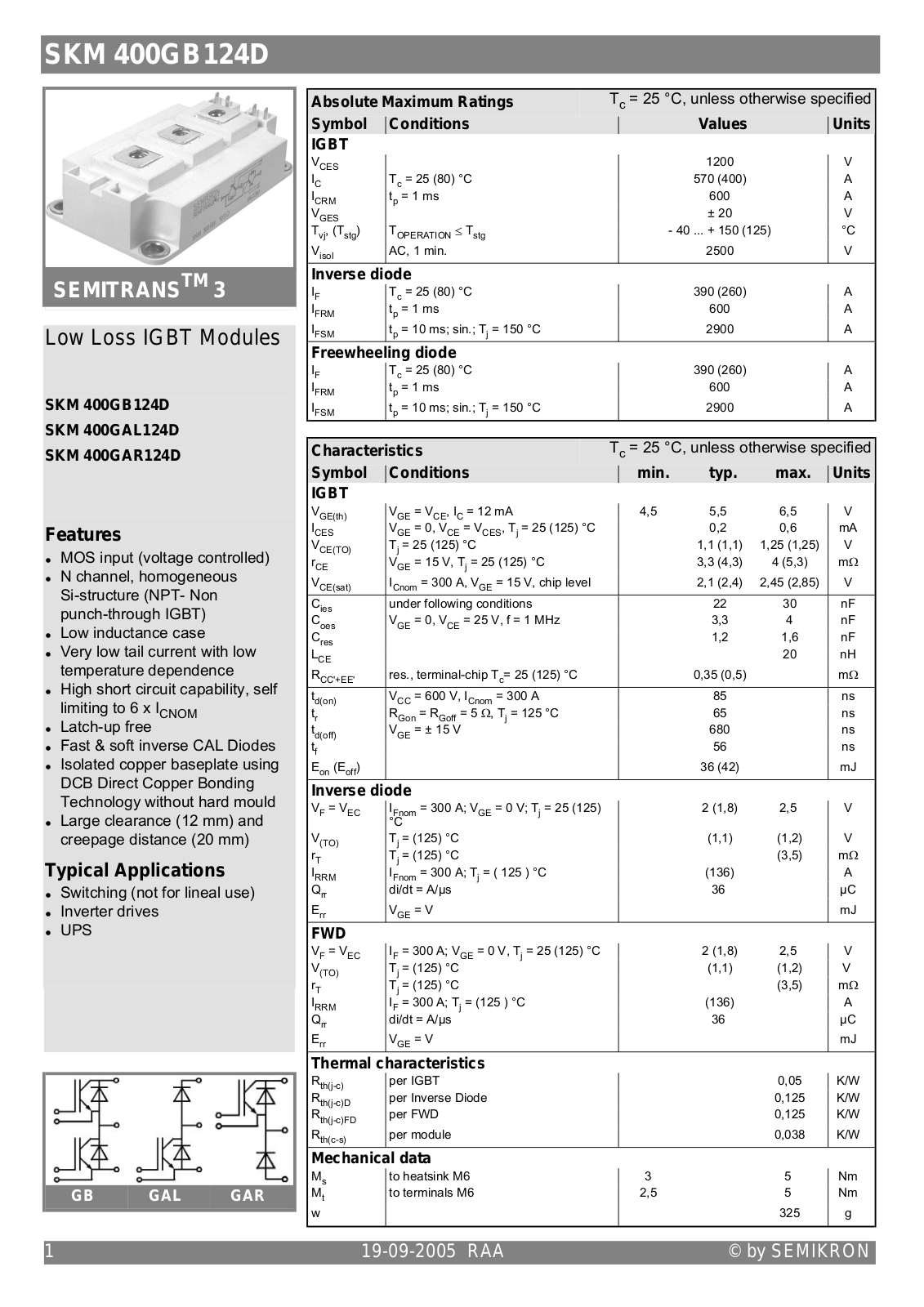 Semikron SKM400GAL124D Data Sheet