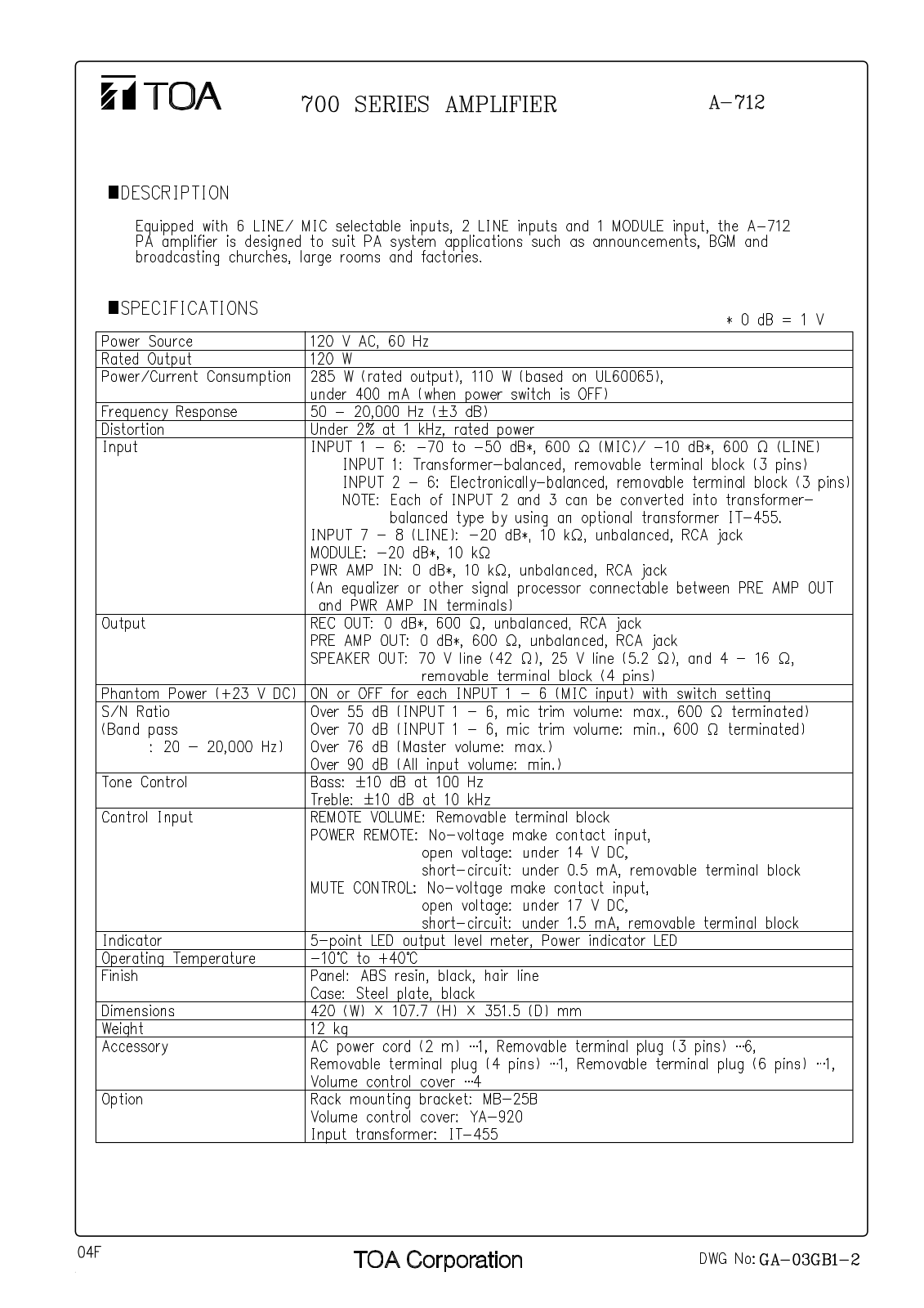 TOA A-712 Datasheet