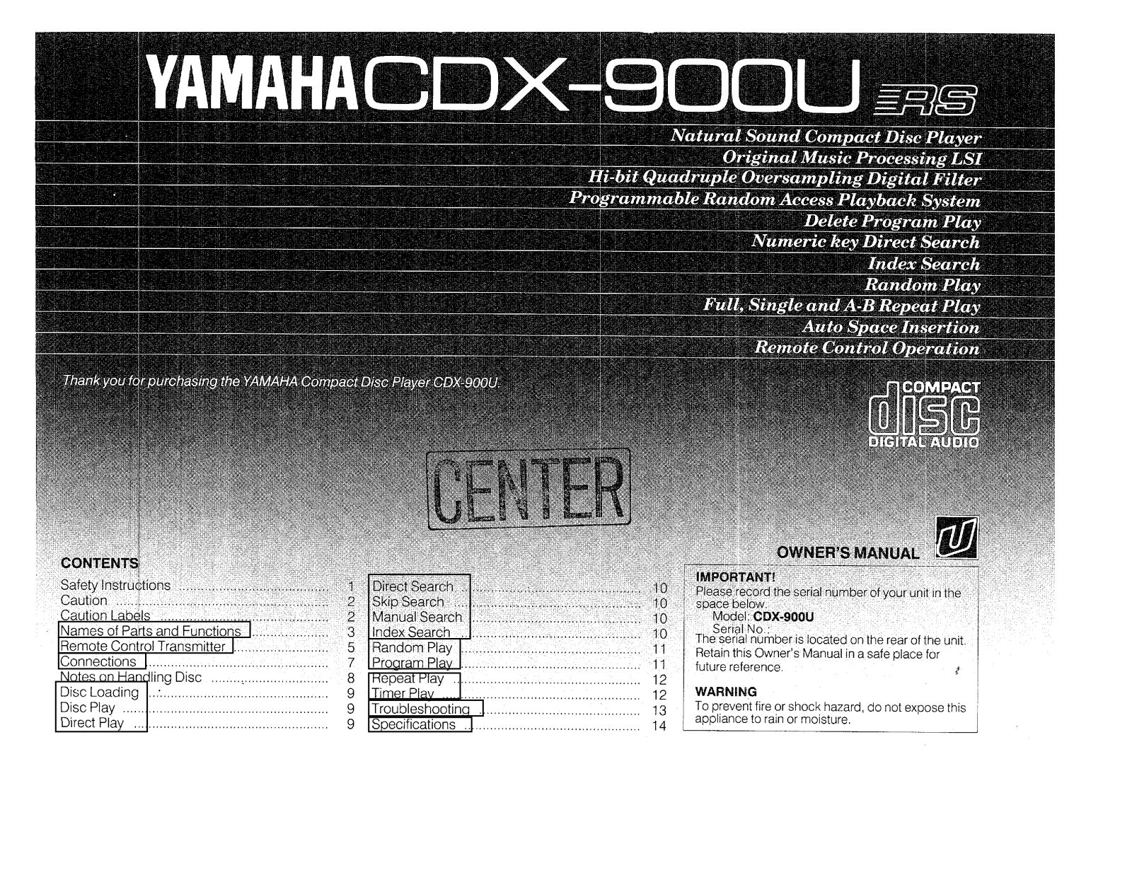 Yamaha CDX-900U, CDX-900URS Owner Manual