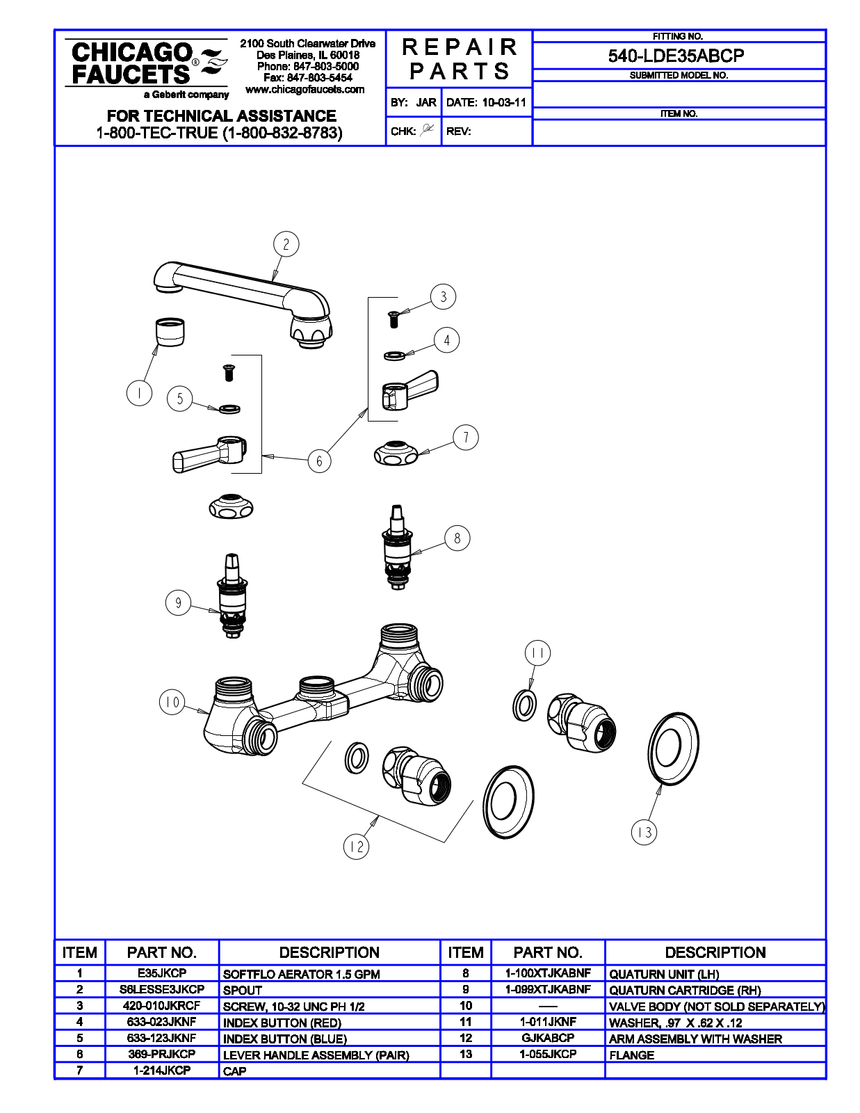 Chicago Faucet 540-LDE35ABCP Parts List