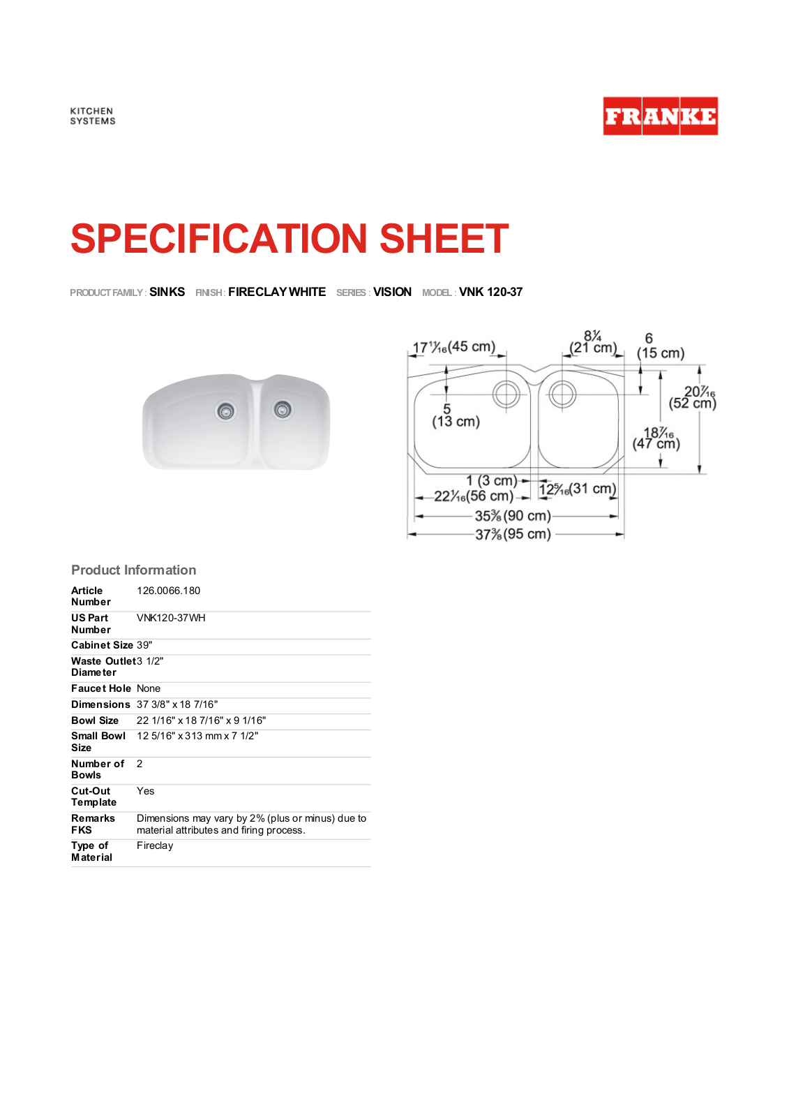 Franke Foodservice VNK 120-37 User Manual