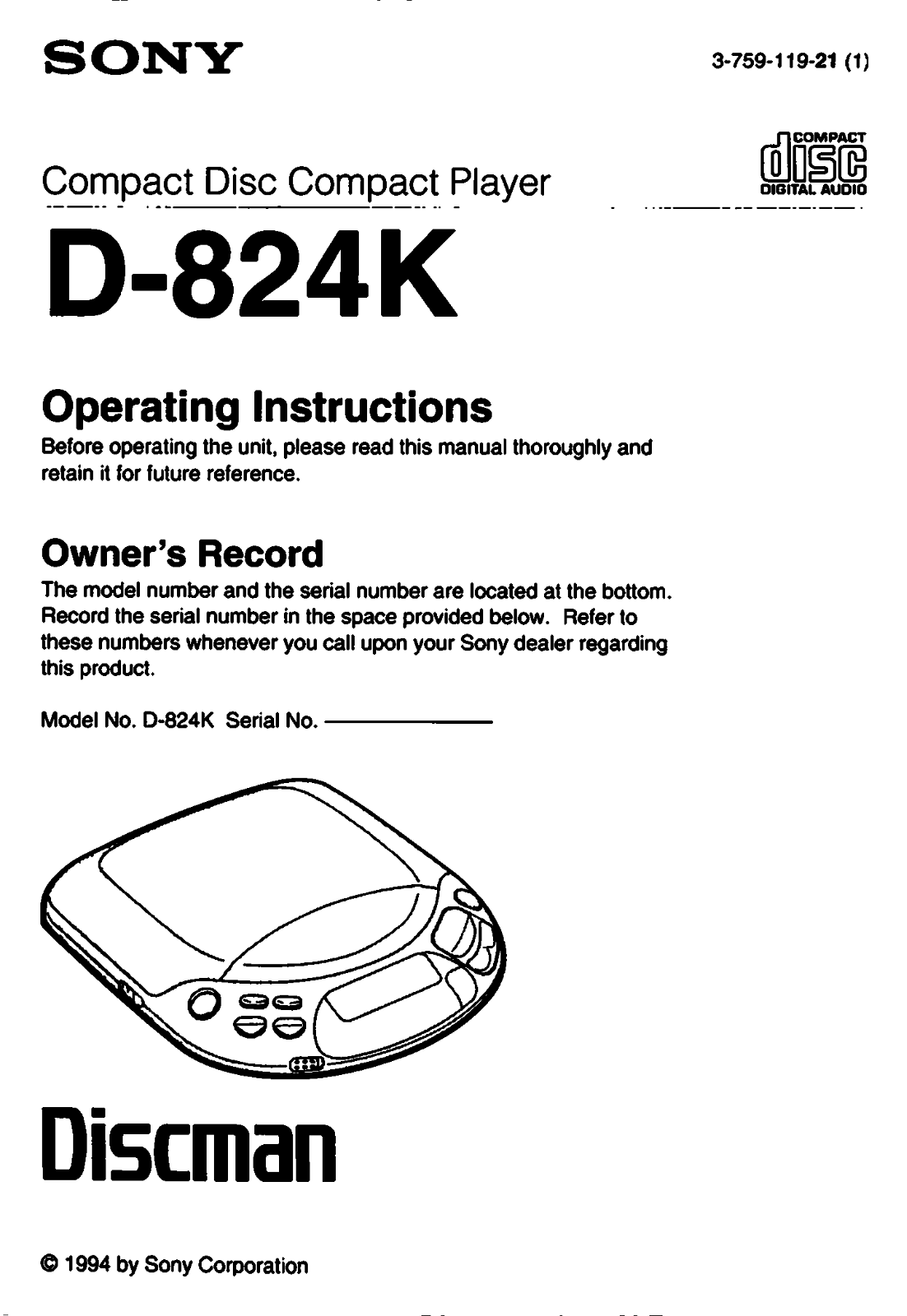 Sony D824K Operating Instructions