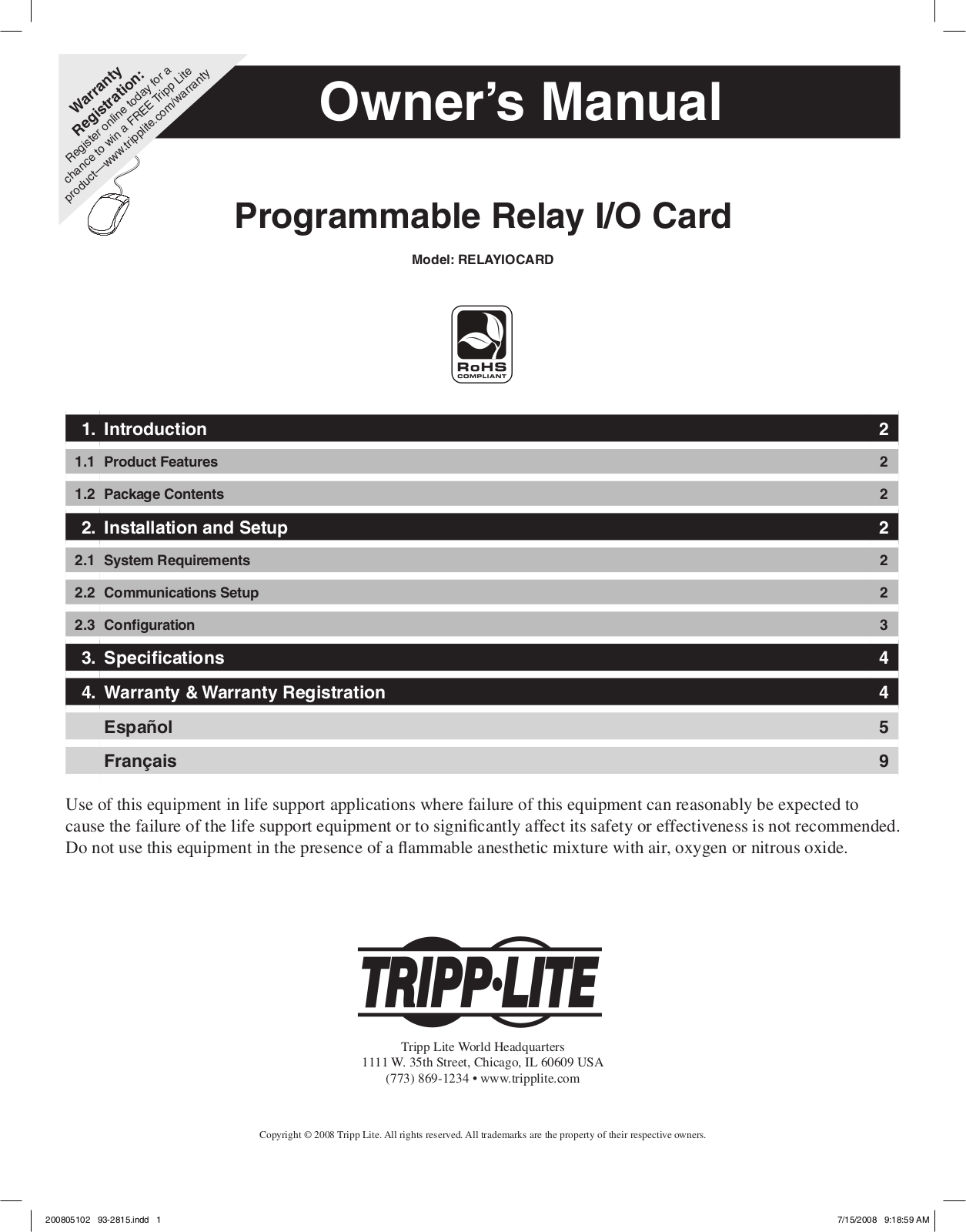 Tripp Lite RELAYIOCARD User Manual