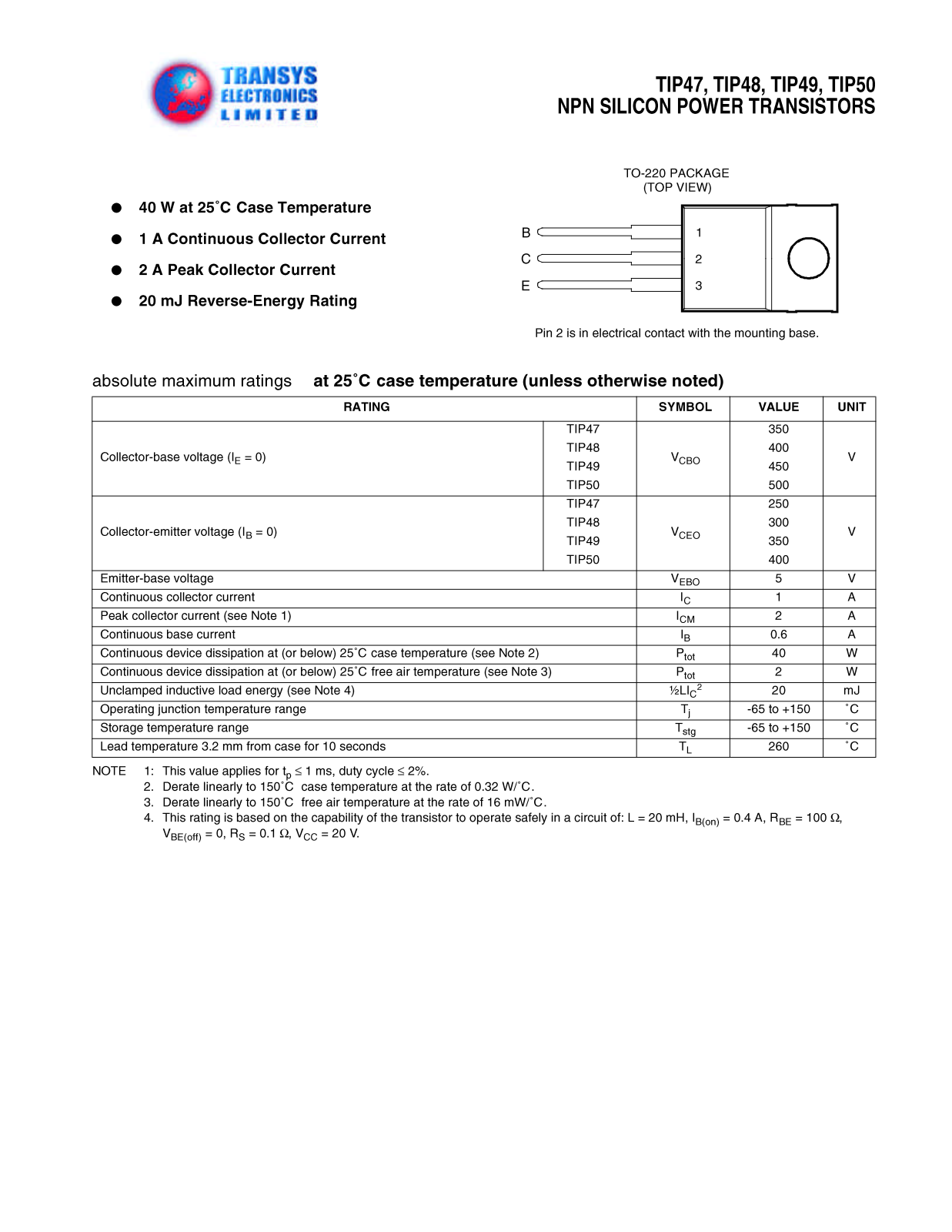 TEL TIP49, TIP48, TIP50, TIP47 Datasheet