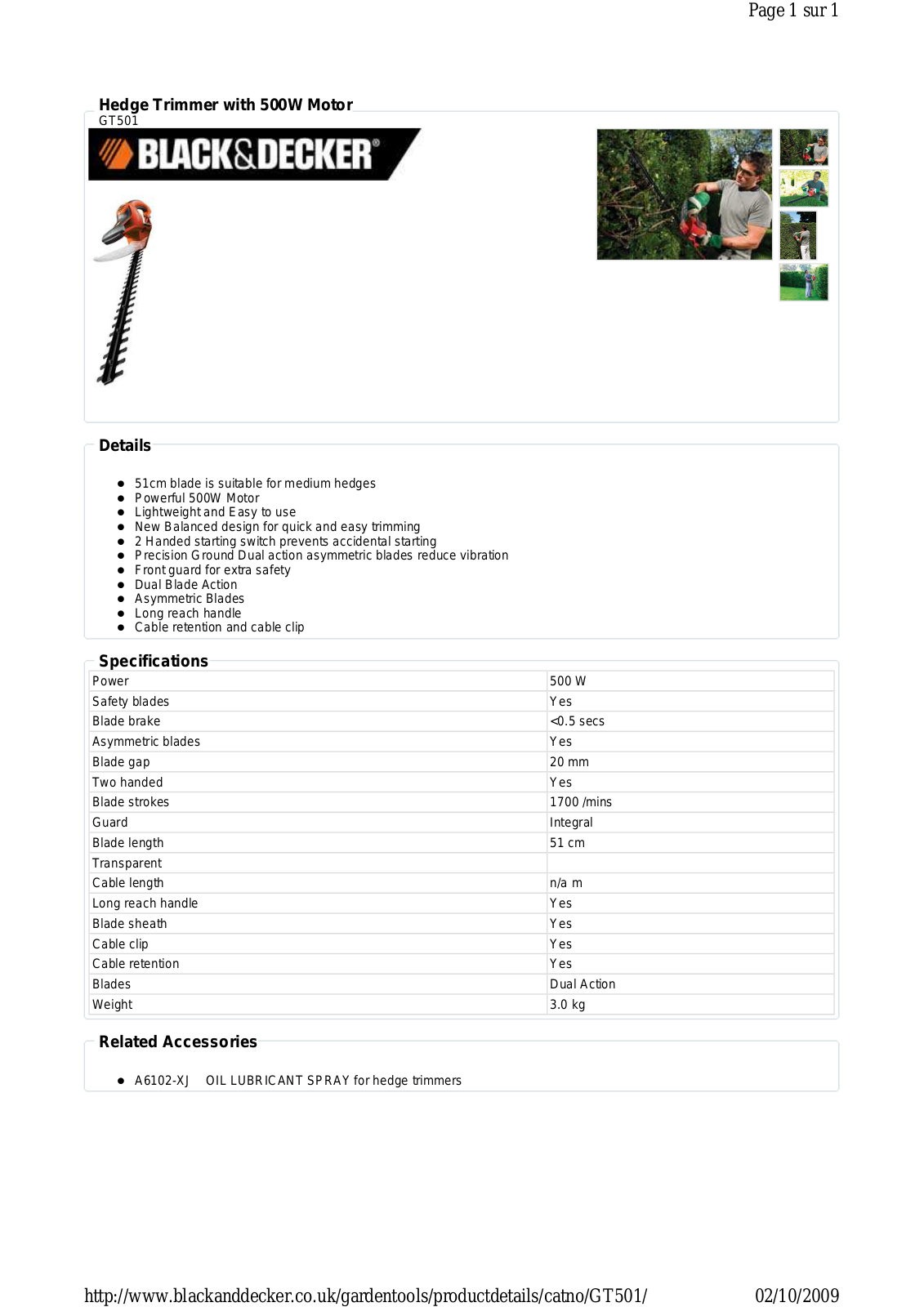 Black & decker GT501 DATASHEET