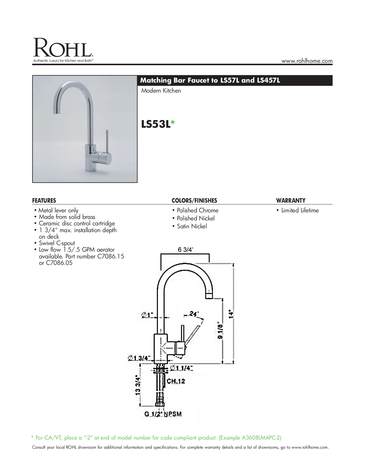 Rohl LS53LAPC2 Specs