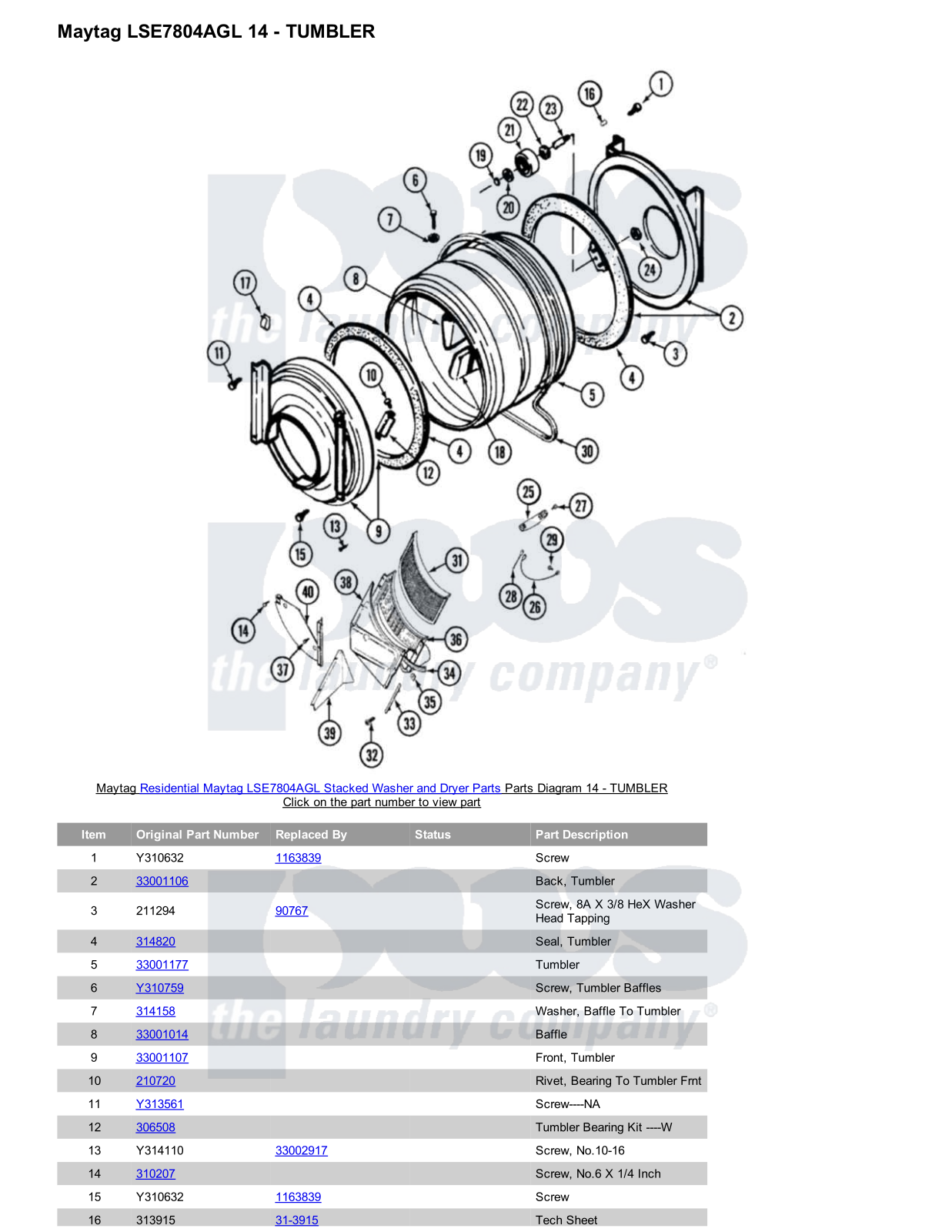 Maytag LSE7804AGL Stacked and Parts Diagram