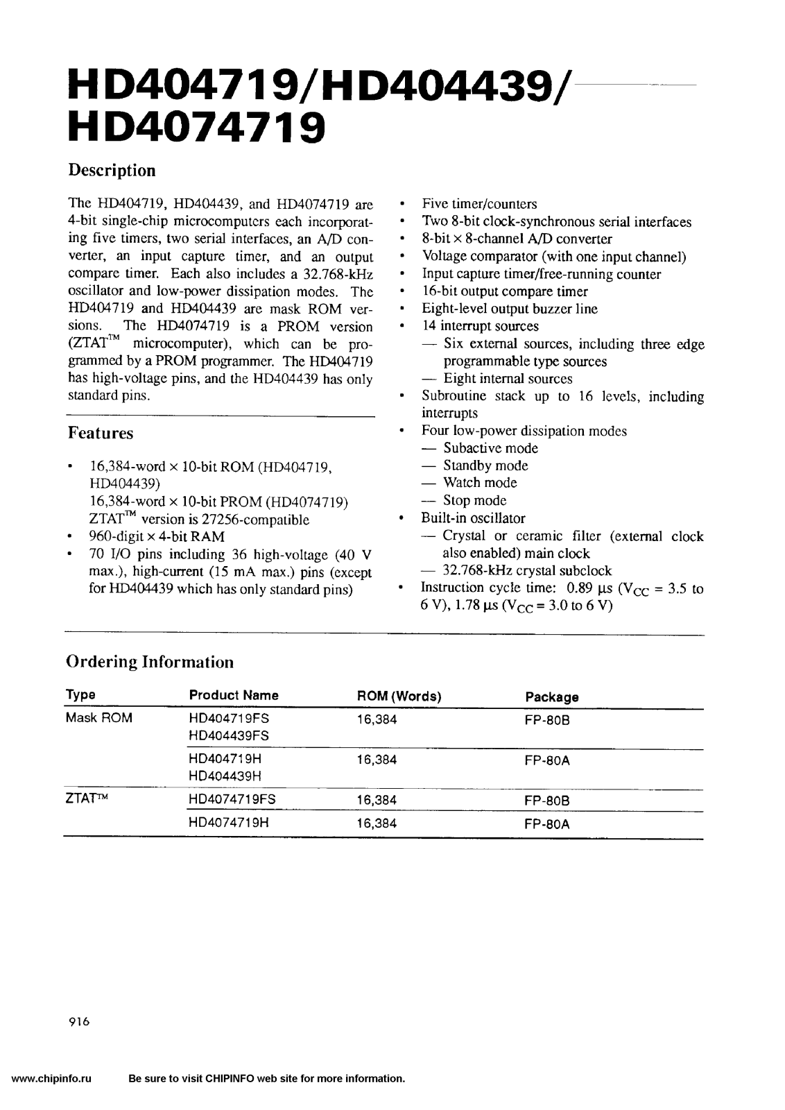 HIT HD4074719H, HD4074719FS, HD404719H, HD404719FS, HD404439H Datasheet