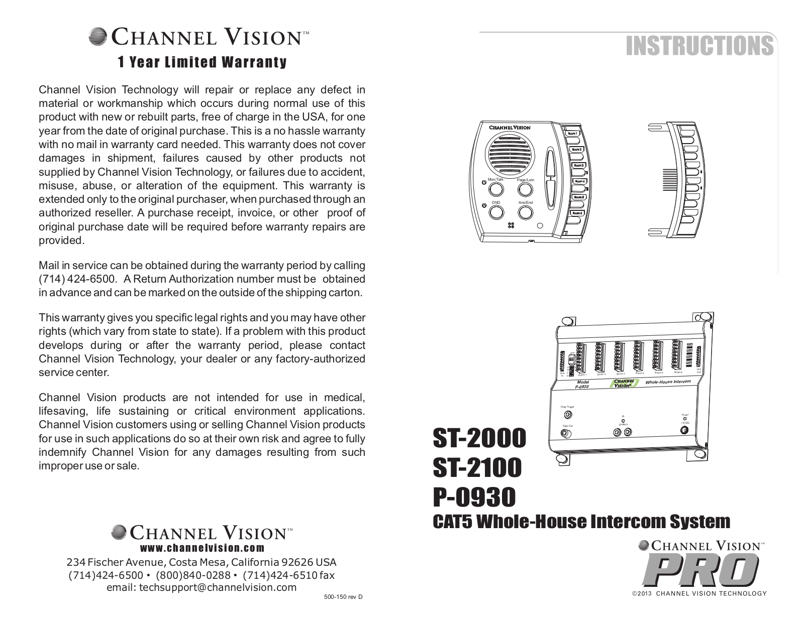 Channel Vision ST-2100, P-0930, ST-2000 User Manual