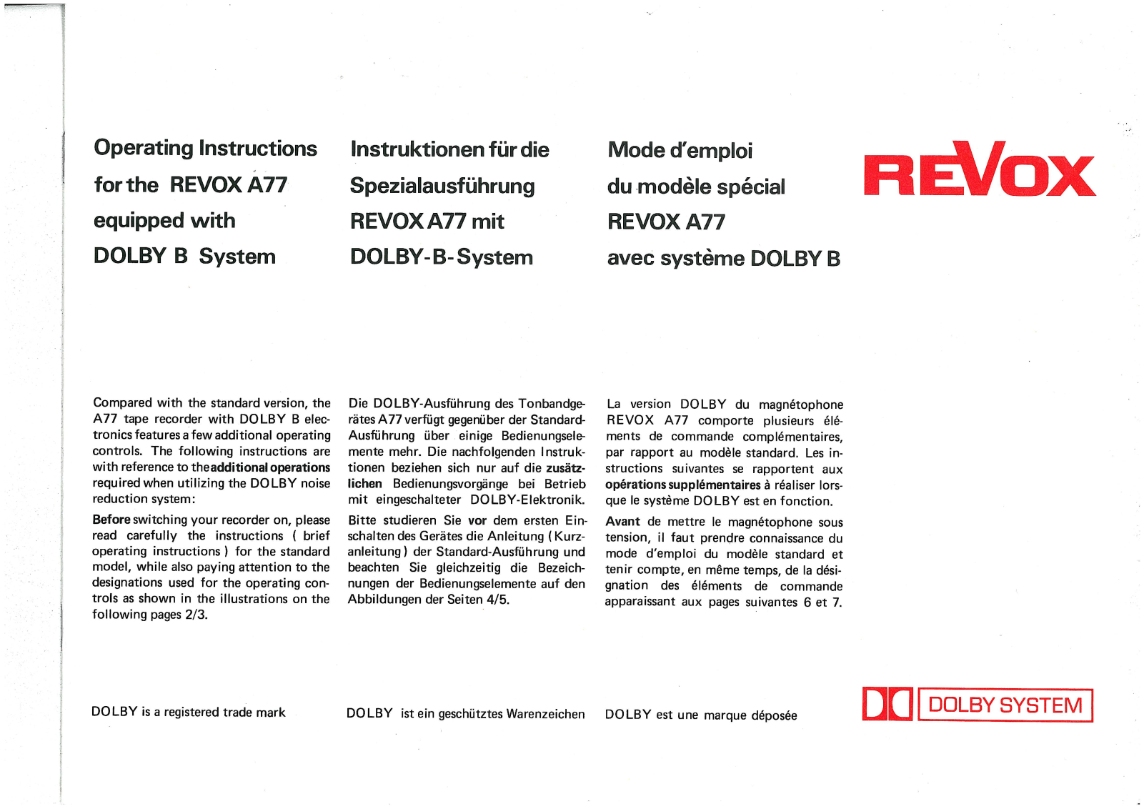 Revox A-77-Dolby-B Owners Manual