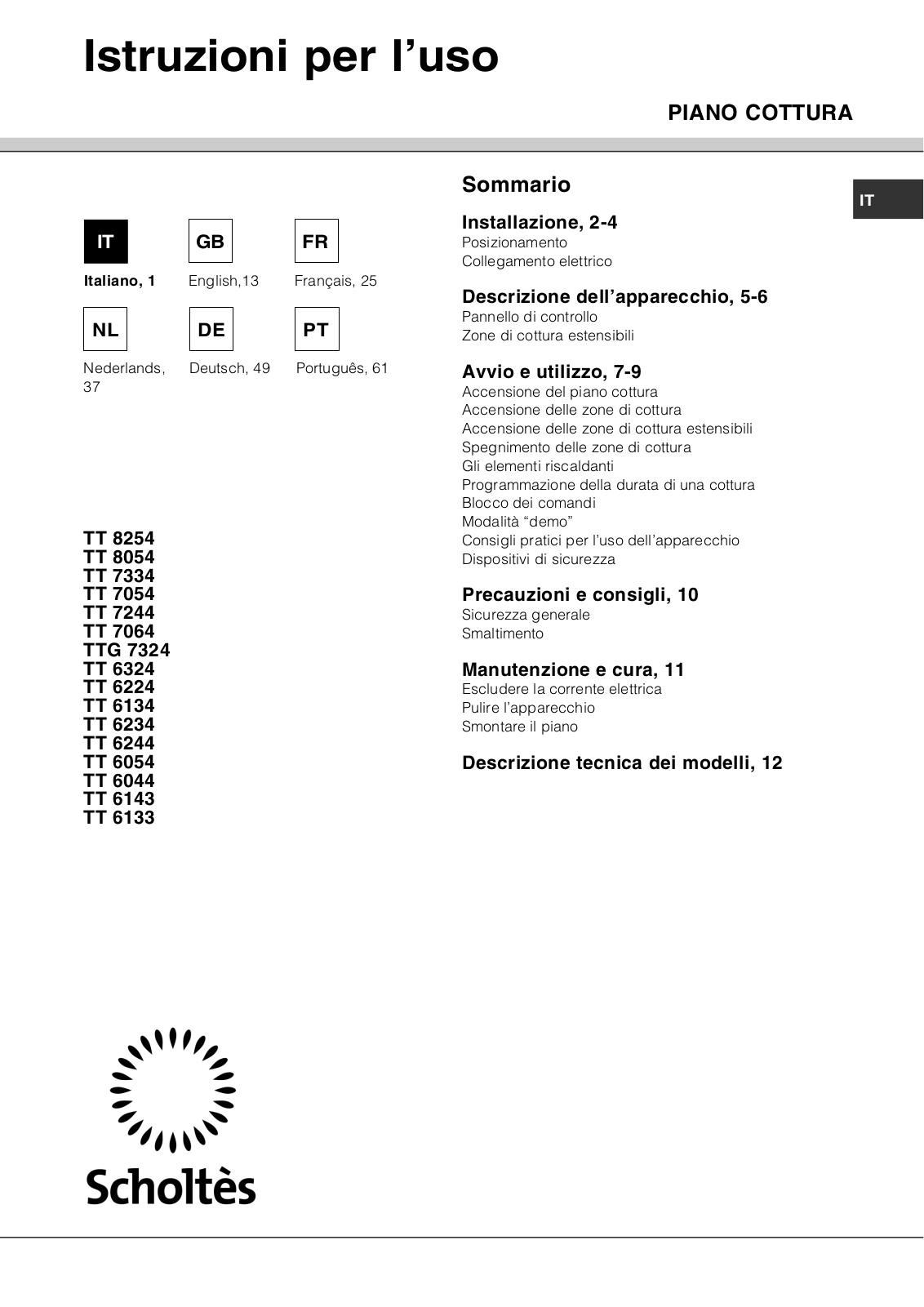 SCHOLTES TTG7324, TT6224, TT6324, TT7054, TT6133 User Manual