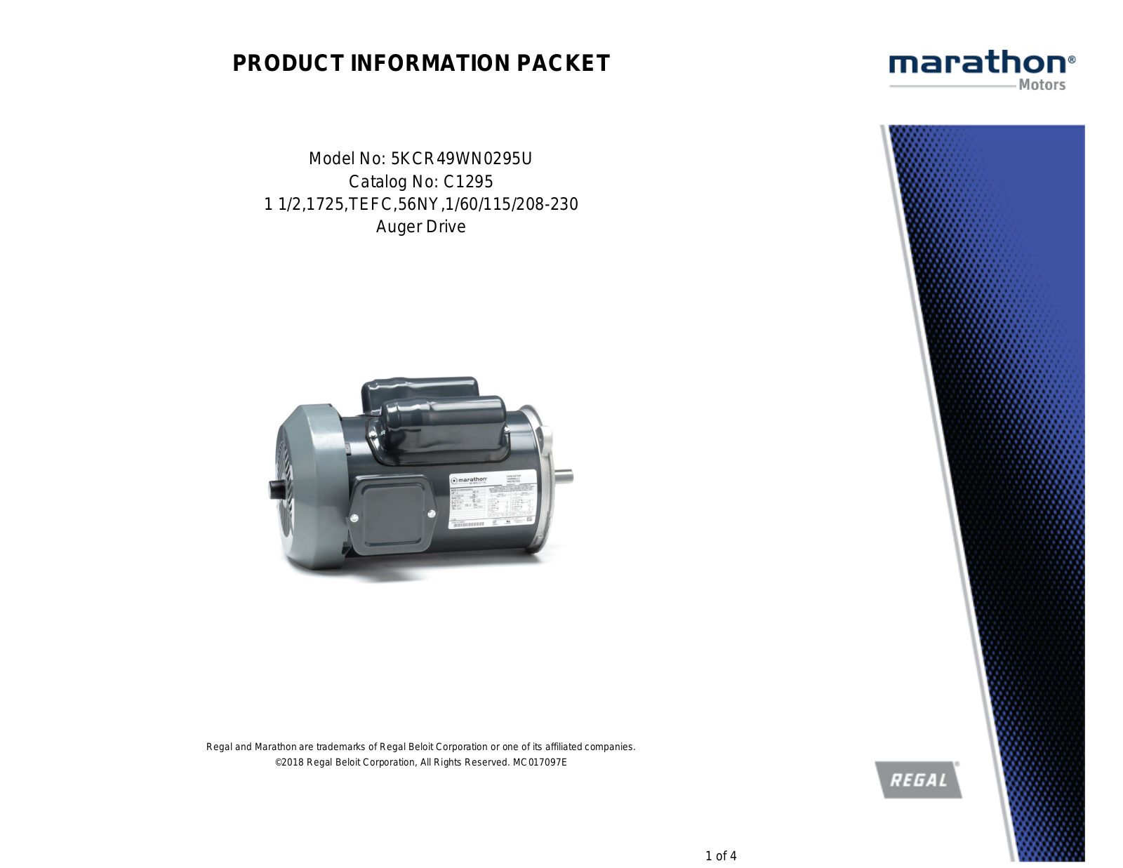 Marathon Electric 5KCR49WN0295U Product Information Packet