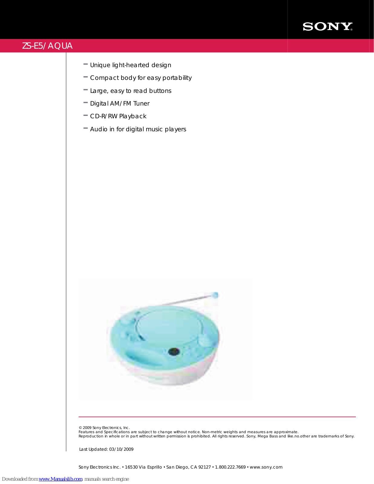 Sony ZS-E5 Marketing Specifications (Aqua), ZS-E5/Aqua Brochure