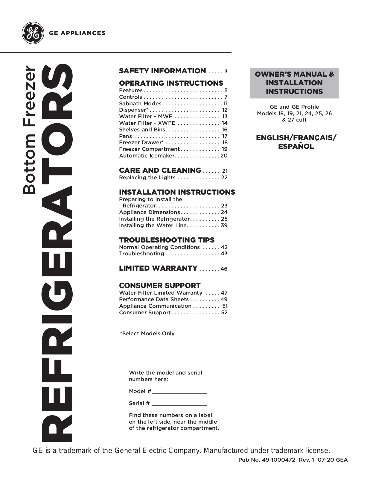 GE GYE18J, PYE18H, GFE24J, PFE24J, CFE24S Owner's Manual & Installation Guide