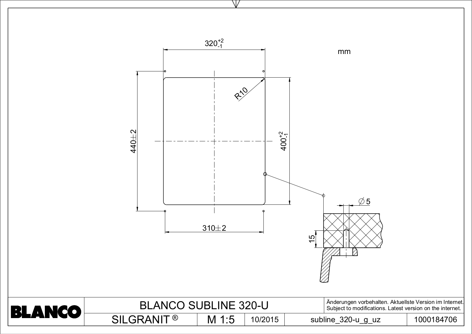 Blanco Subline 320-U Technical drawing