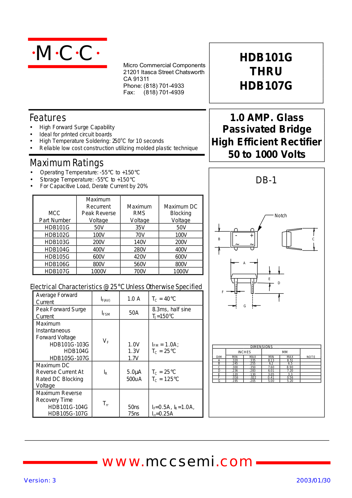 MCC HDB107G, HDB106G, HDB104G, HDB103G, HDB101G Datasheet