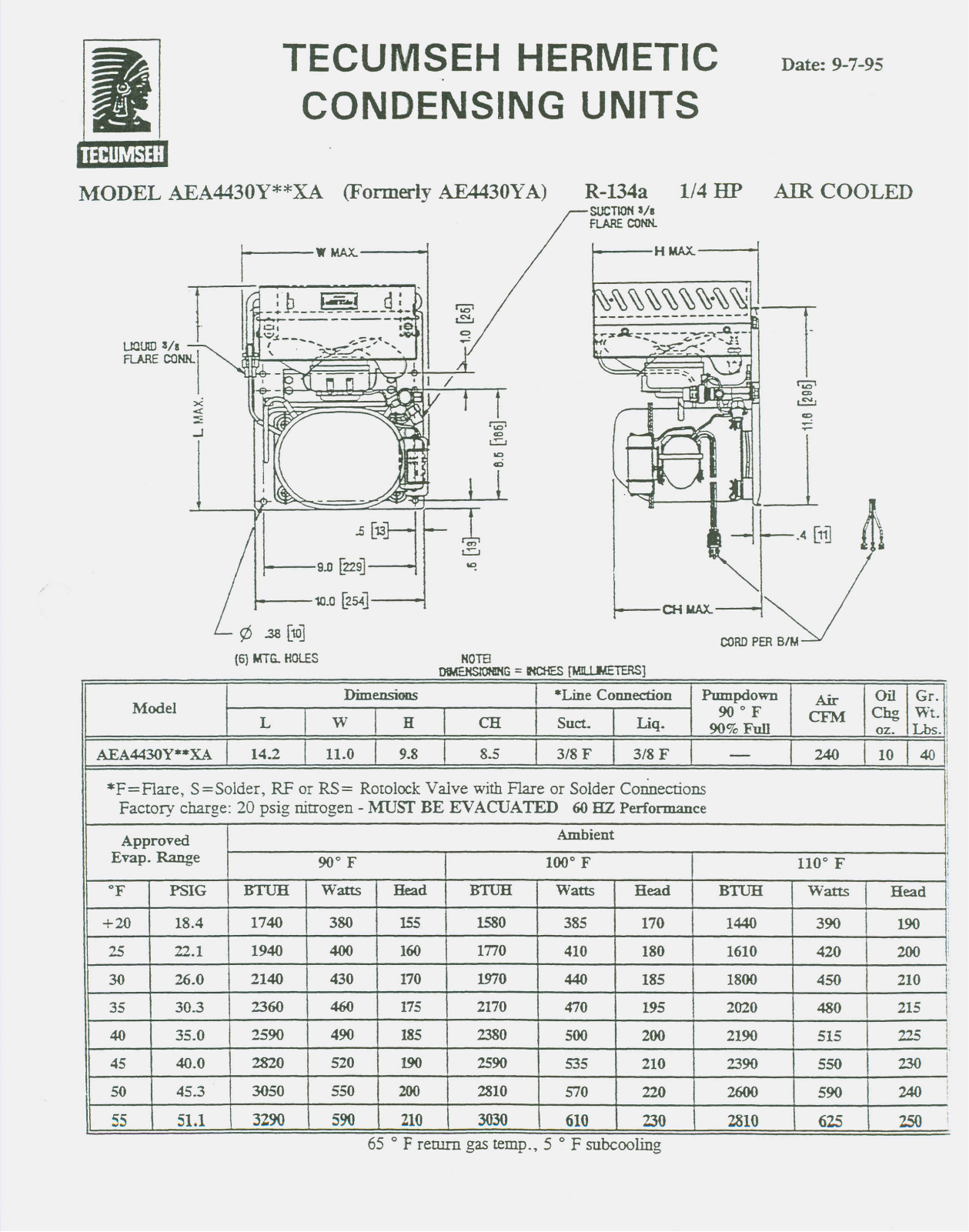 Tecumseh AE4430Y-FZ1AXA, AEA4430YXCXA Performance Data Sheet