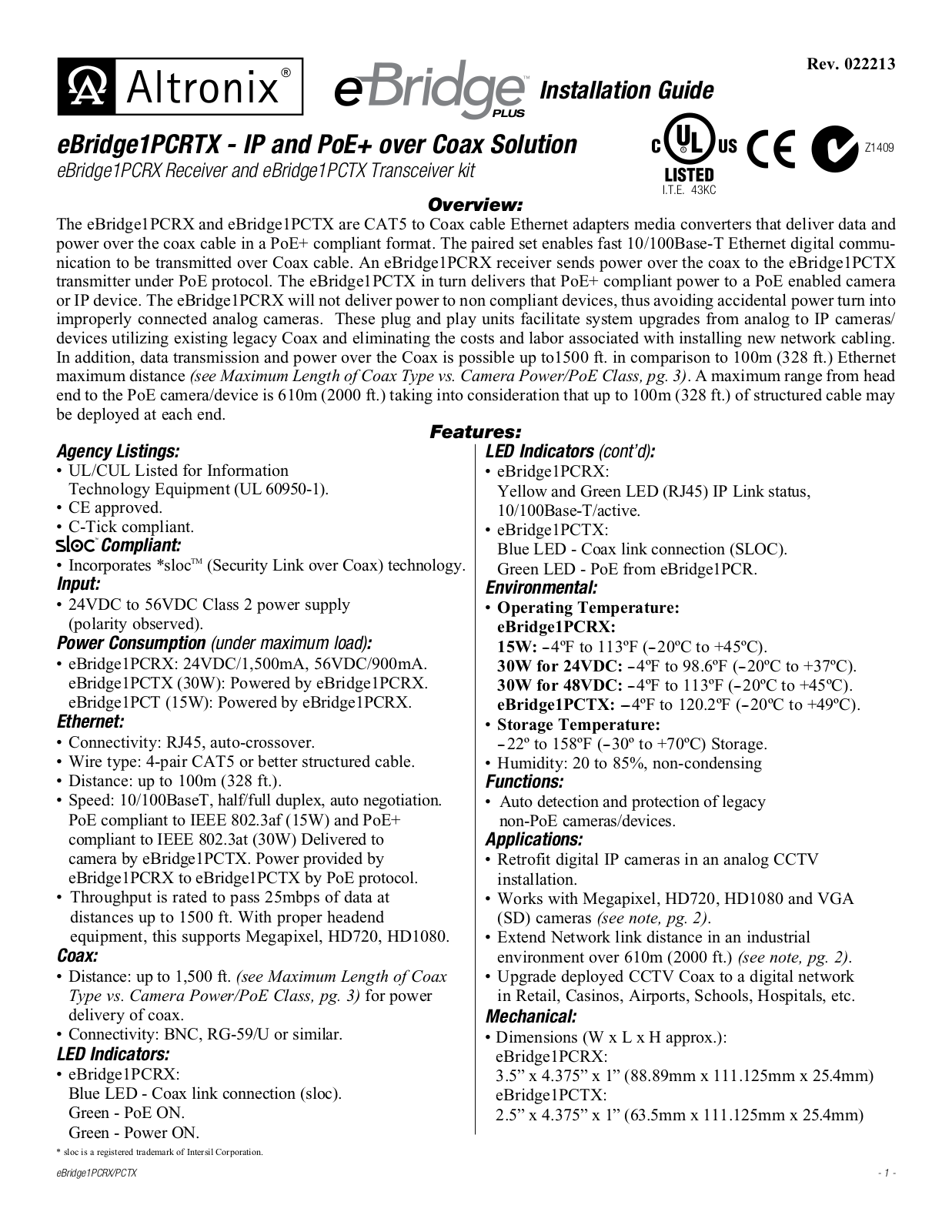 Altronix eBridge1PCRTX Installation Instructions