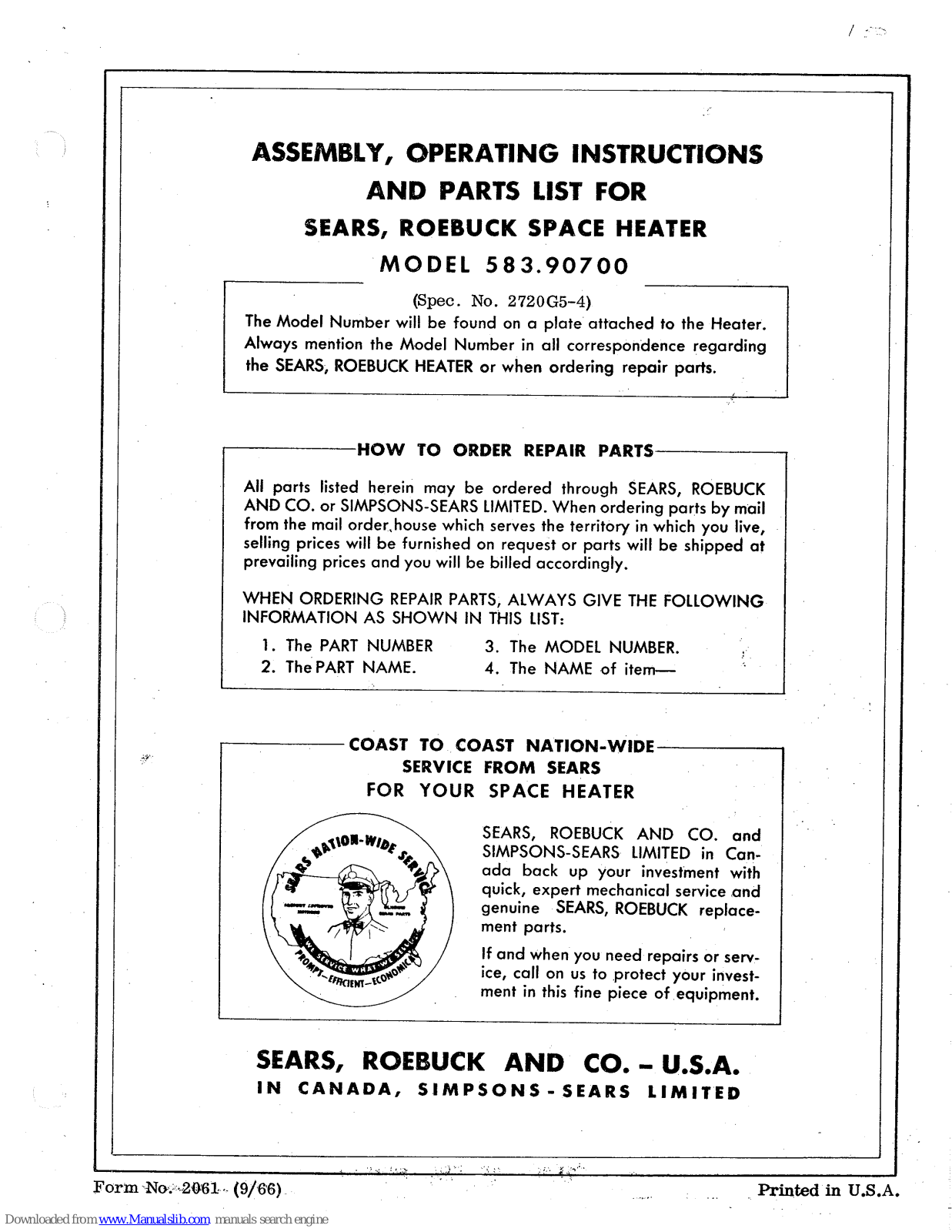 Sears, Roebuck and Co. 583.90700 Assembly, Operating Instructions And Parts List