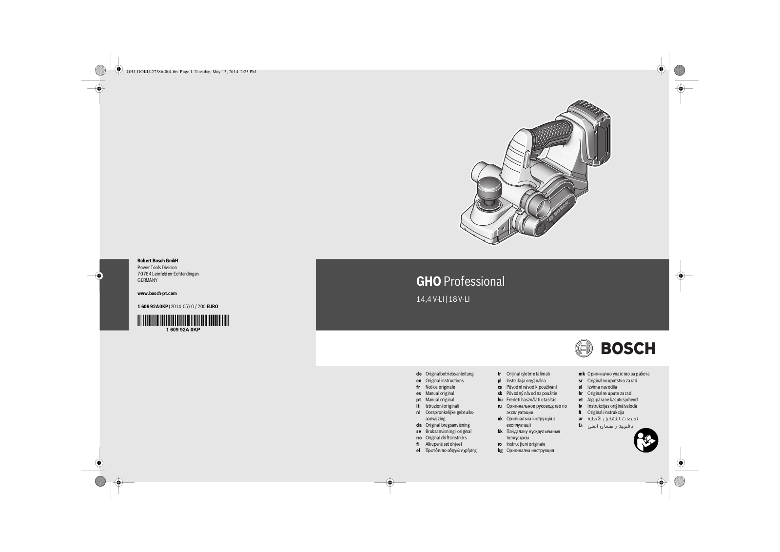 Bosch GHO Professional 14.4 V-LI, GHO Professional 18 V-LI Original Instructions Manual