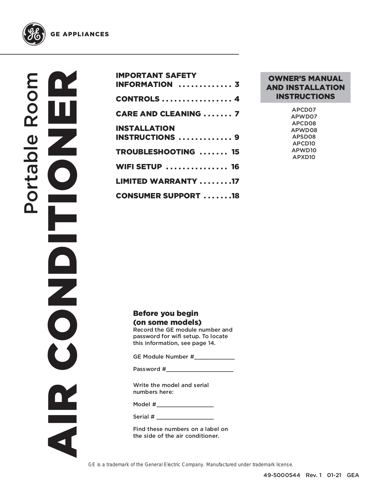 GE APCD07, APWD07, APCD08, APWD08, APSD08 Owner’s Manual & Installation Instructions