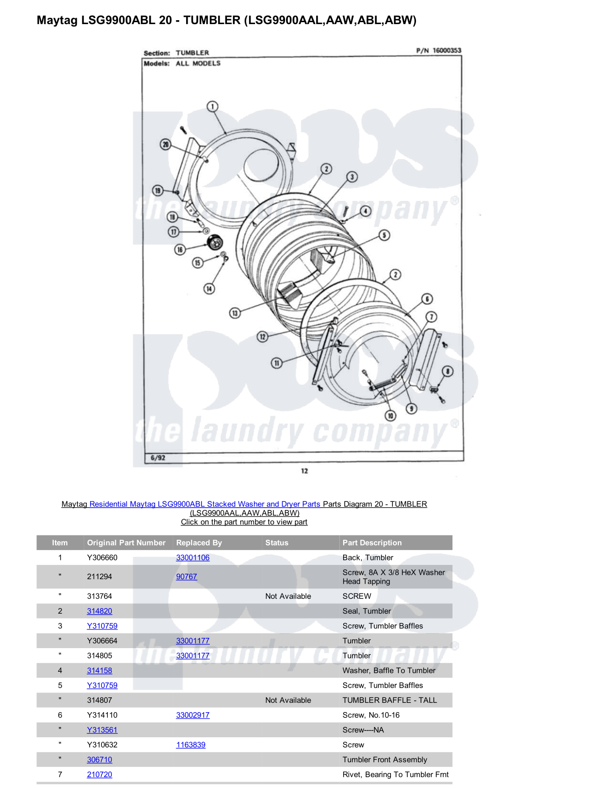 Maytag LSG9900ABL Stacked and Parts Diagram