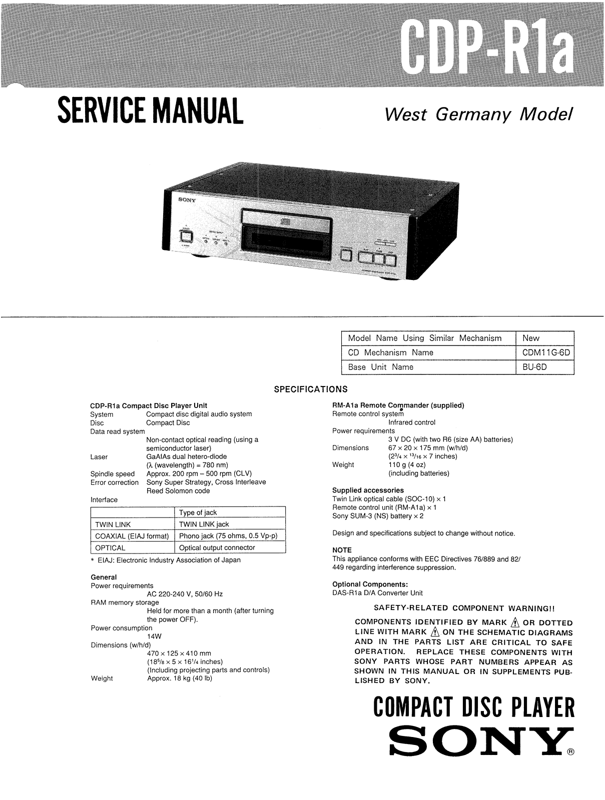 Sony CDPR-1-A Service manual