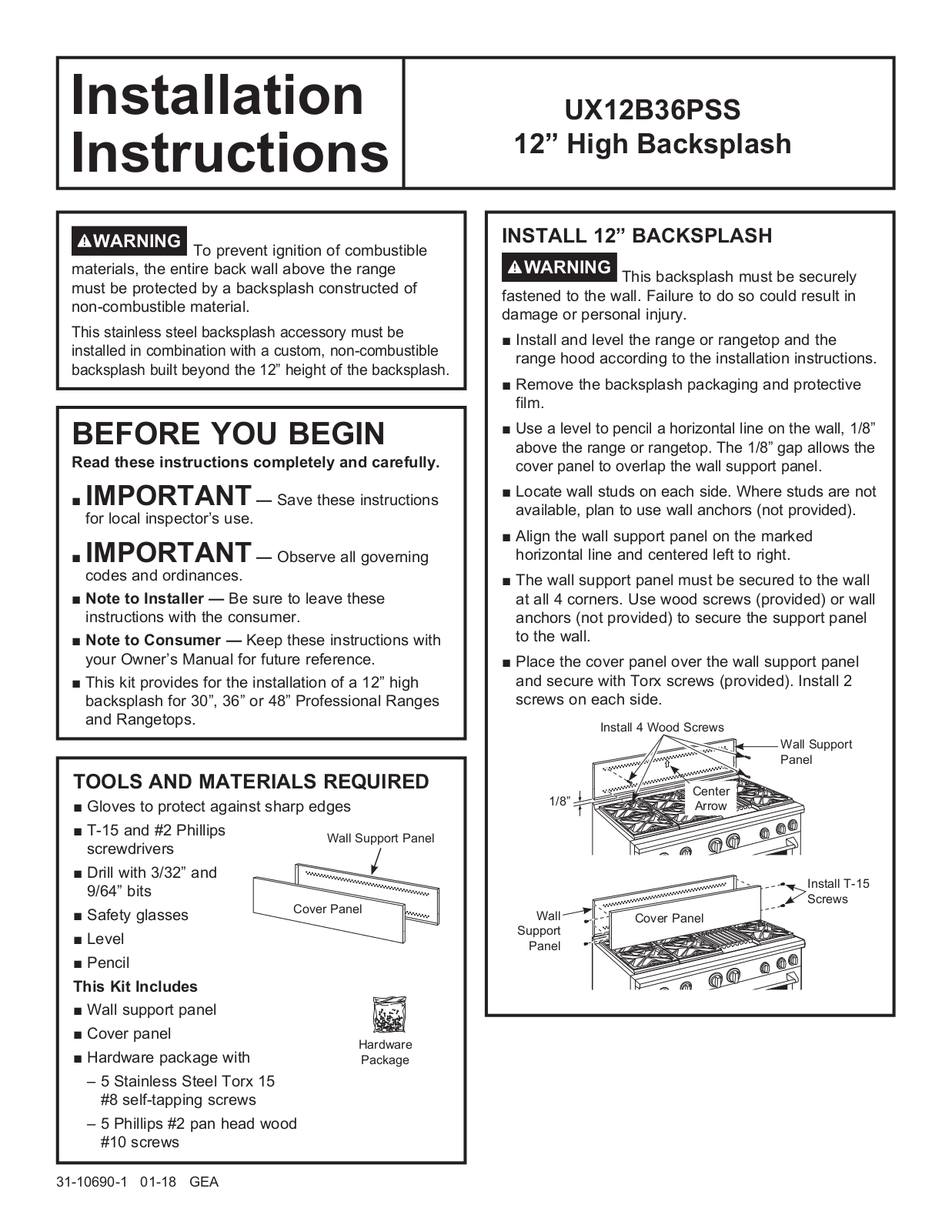 GE Appliances UX12B36PSS Installation Manual