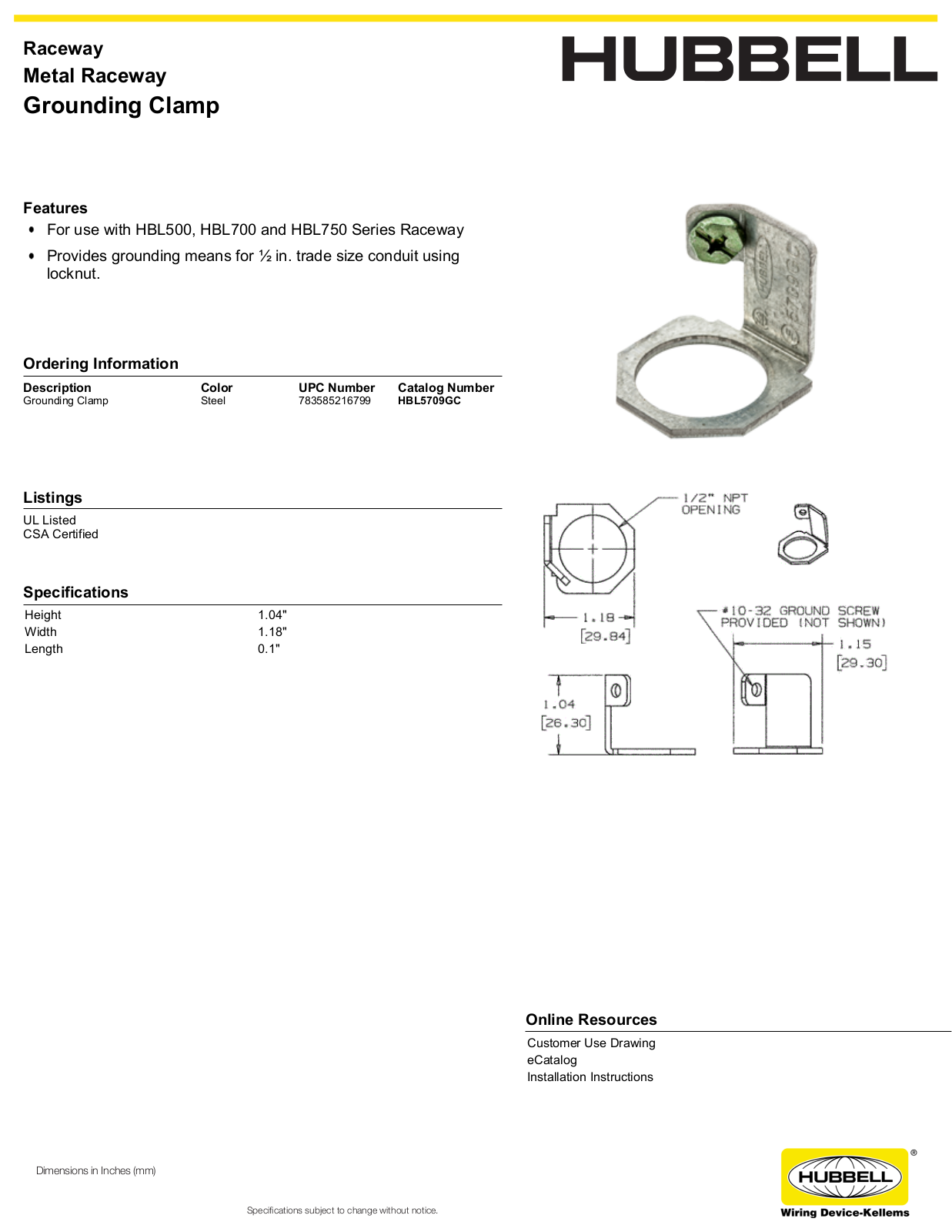 Hubbell HBL5709GC Specifications