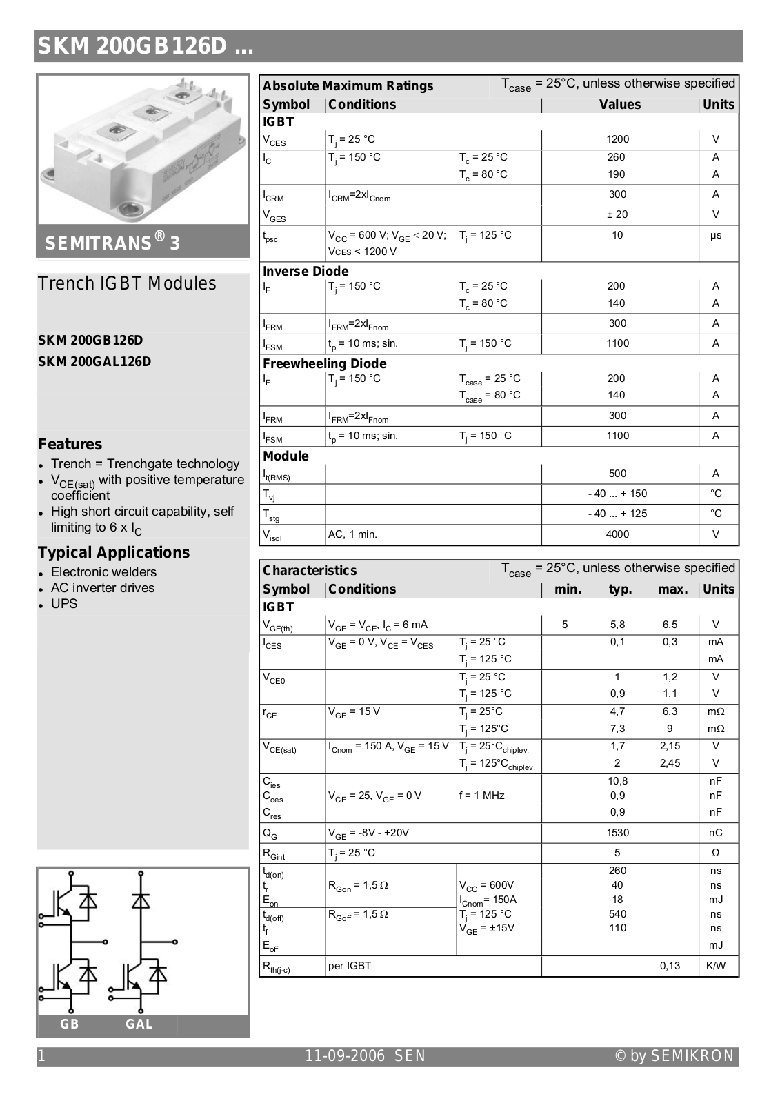 Semikron SKM200GAL126D Data Sheet