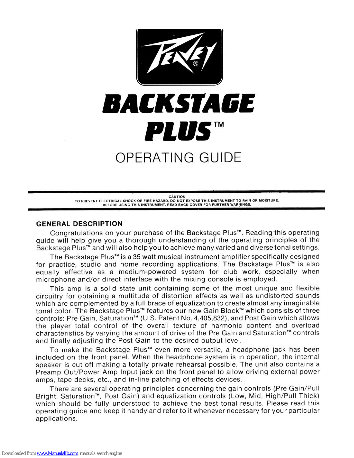 Peavey Backstage Backstage Plus, Backstage Plus User Manual