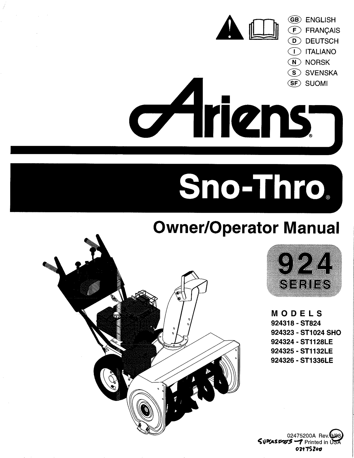 Ariens 924318-ST824, 924325-ST1132LE, 924323-ST1024 SHO, 924324-ST1128LE User Manual