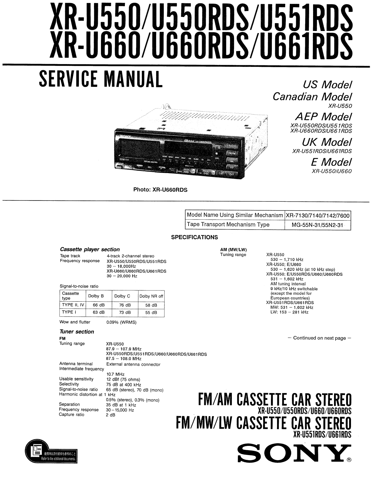 Sony XR-U550, XR-U550RDS, XR-U551RDS, XR-U660, XR-U660RDS Service Manual