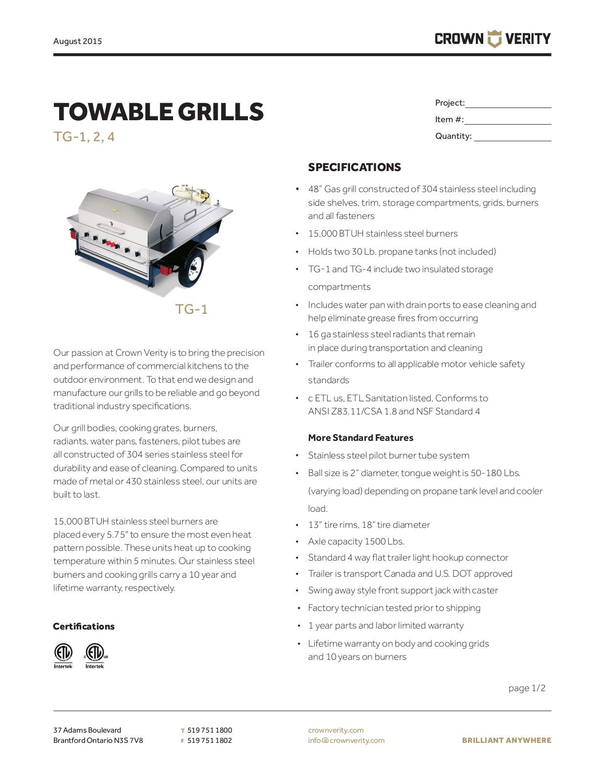 Crown Verity CVTG2, CVTG4, CVTG1 Specifications