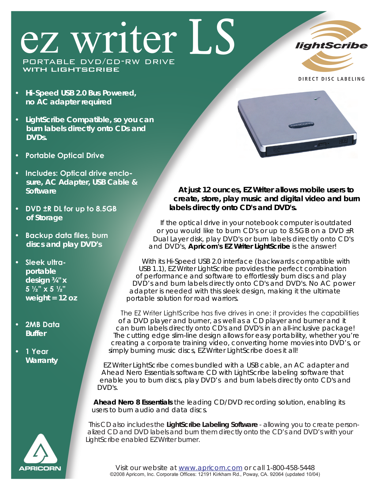 Apricorn EZ WRITER LIGHTSCRIBE Datasheet