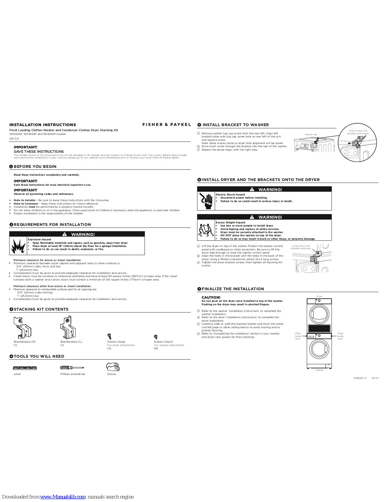 Fisher & Paykel WH2424F, WH2424P, DE4024P Installation Instructions Manual