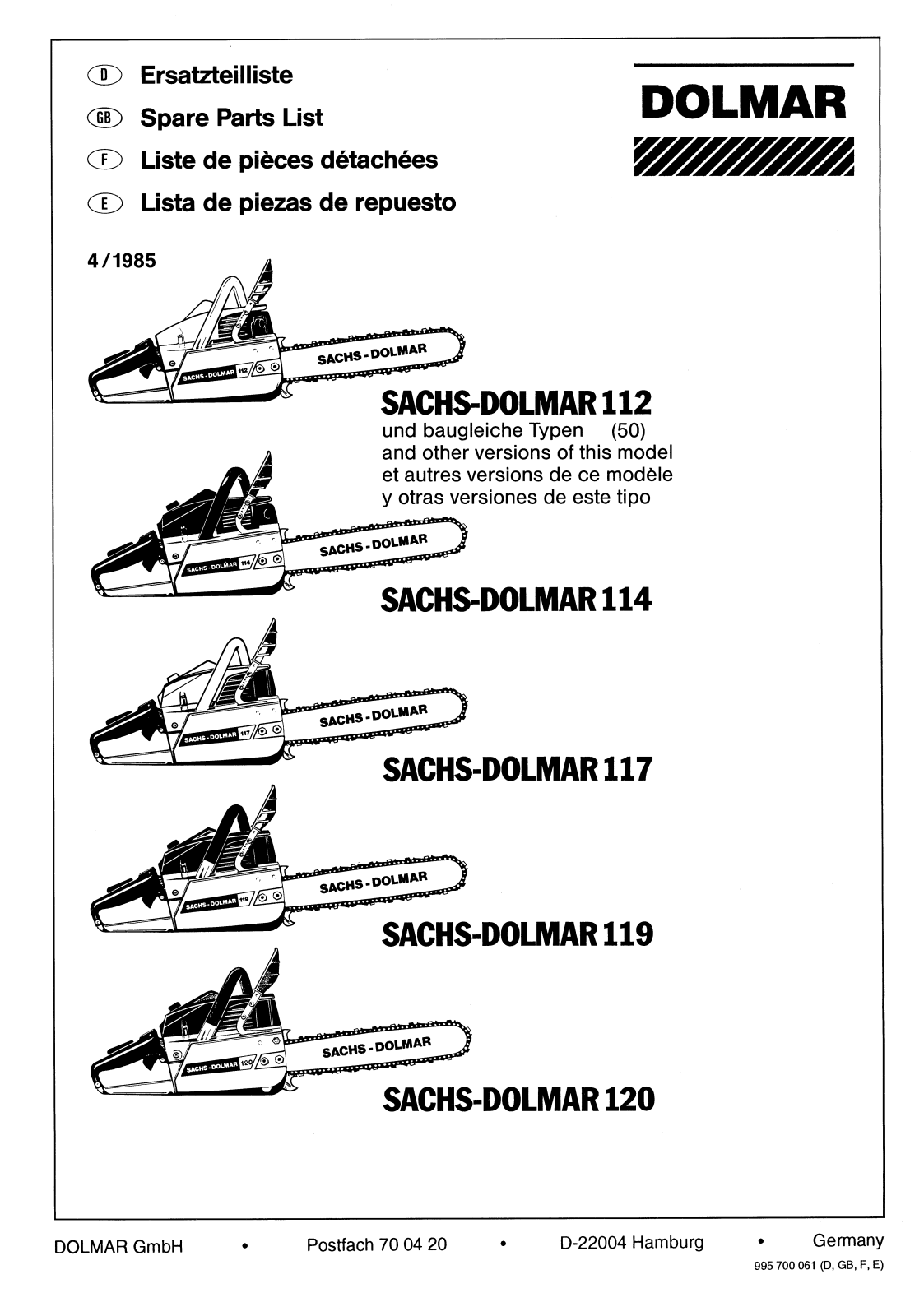 Dolmar 112, 120, 117, 119, 114 PARTS LIST