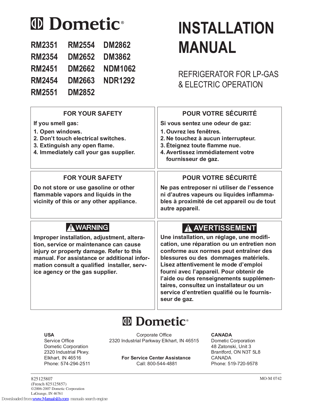 Dometic Rm2351, Rm2354, Rm2451, Rm2454, Rm2551 Installation Manual