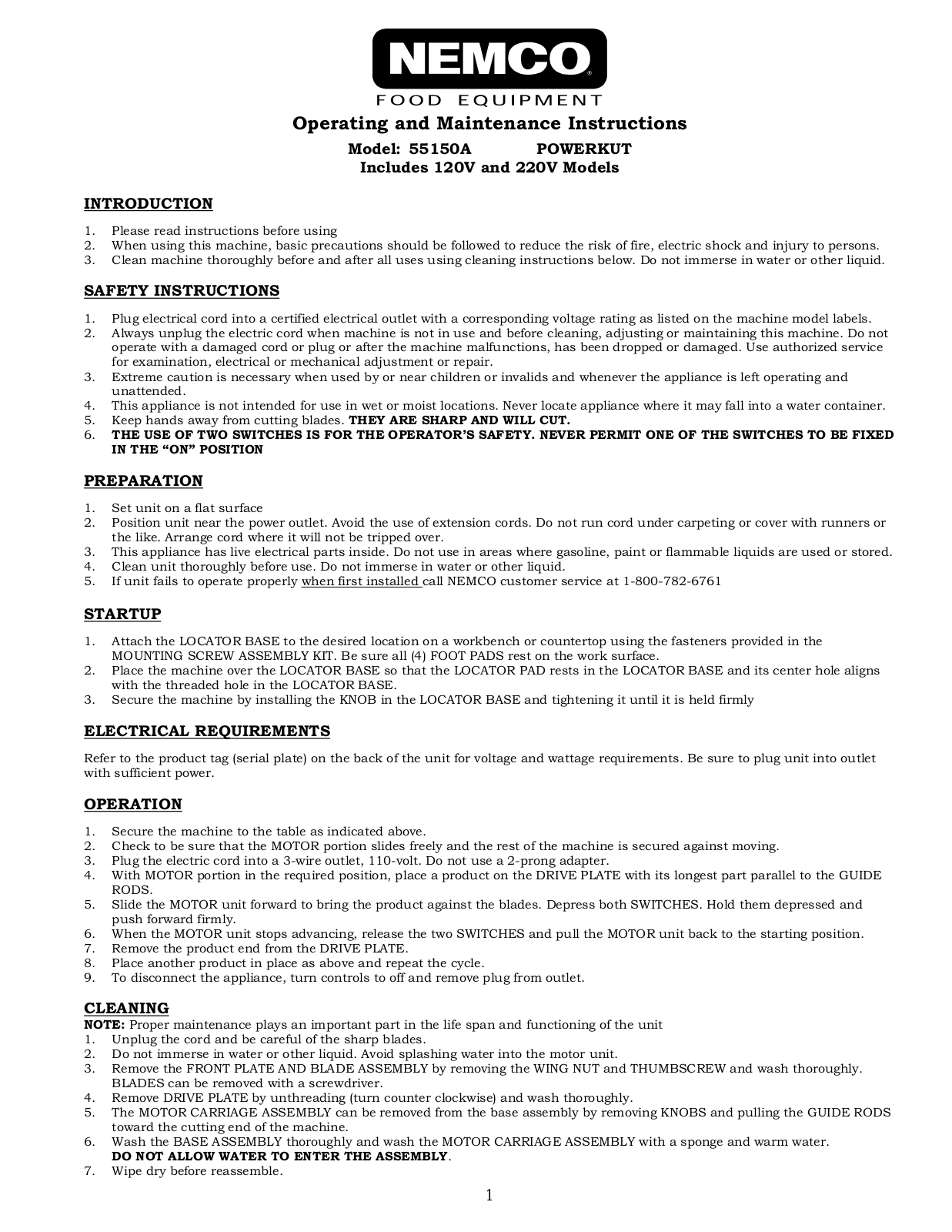 Nemco 55150A Parts List