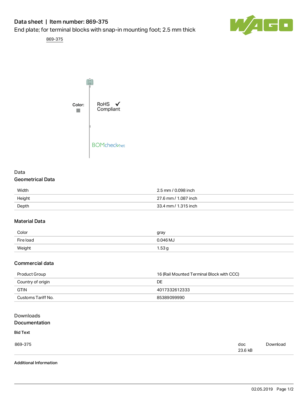 Wago 869-375 Data Sheet