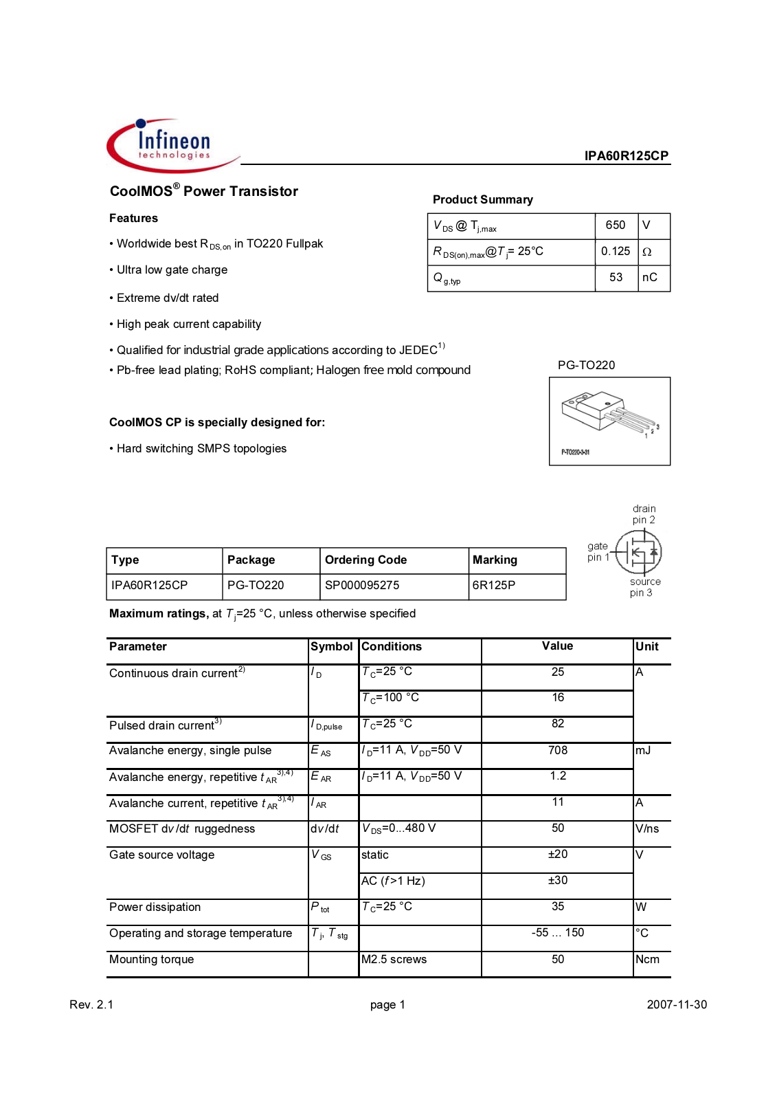 Datasheet ipa60r125cp_rev2.1 Datasheet - ManualMachine.com