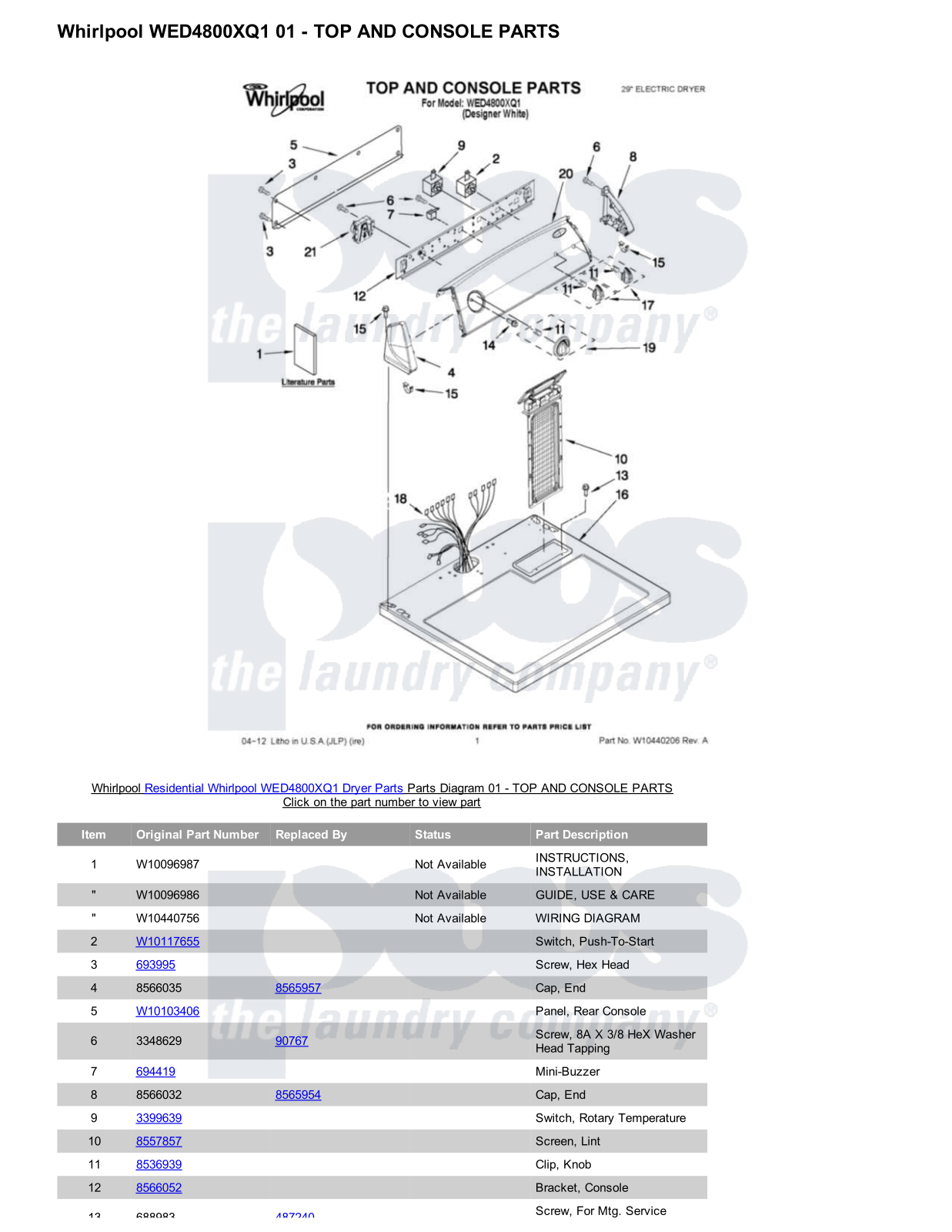 Whirlpool WED4800XQ1 Parts Diagram