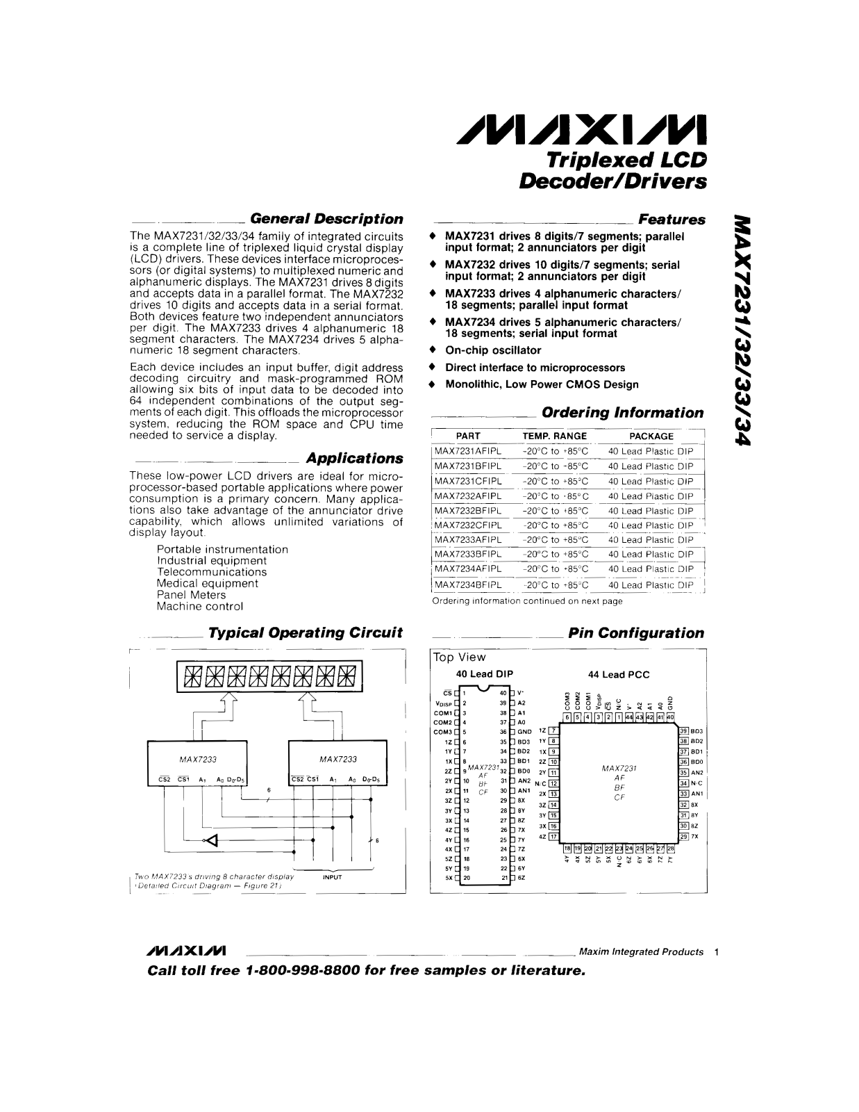 Maxim MAX7233AFIPL, MAX7233AFIQ, MAX7232BFIPL, MAX7232BFIQ, MAX7232CFIPL Datasheet