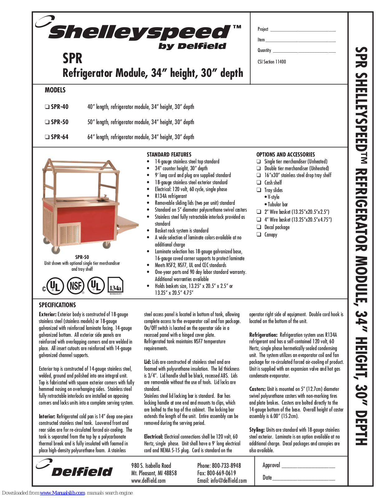 Delfield Shelleyspeed SPR-40, Shelleyspeed SPR-50, Shelleyspeed SPR-64 Specifications