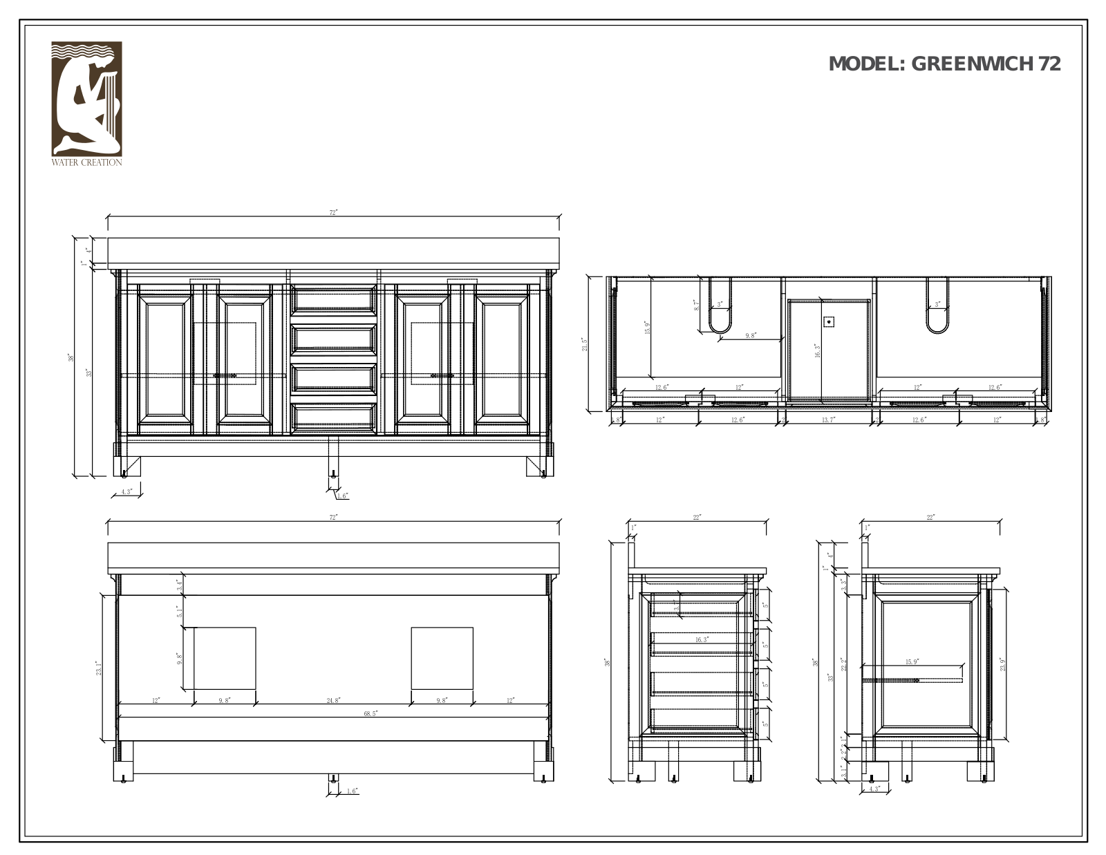 Water Creation GREENWICH72GB, GREENWICH72AWF, GREENWICH72AWCF, GREENWICH72AWC, GREENWICH72AWBF Specifications