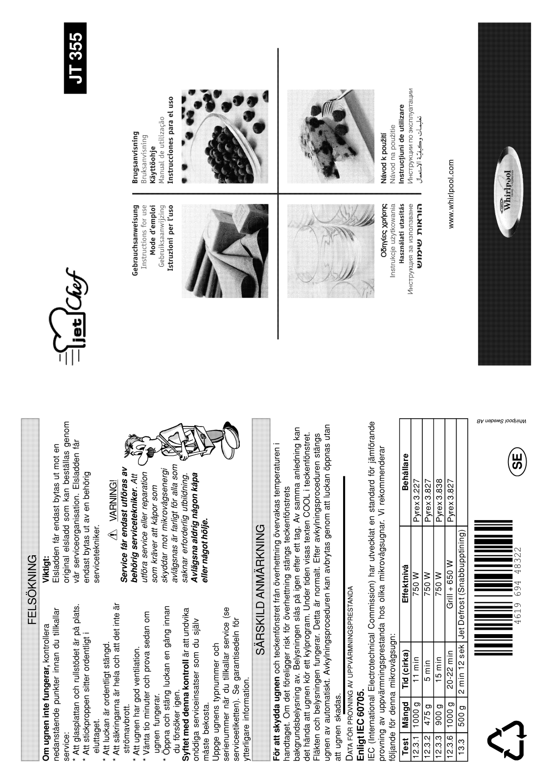 Whirlpool JT 355 white, JT 355 black, JT 355 alu User Manual