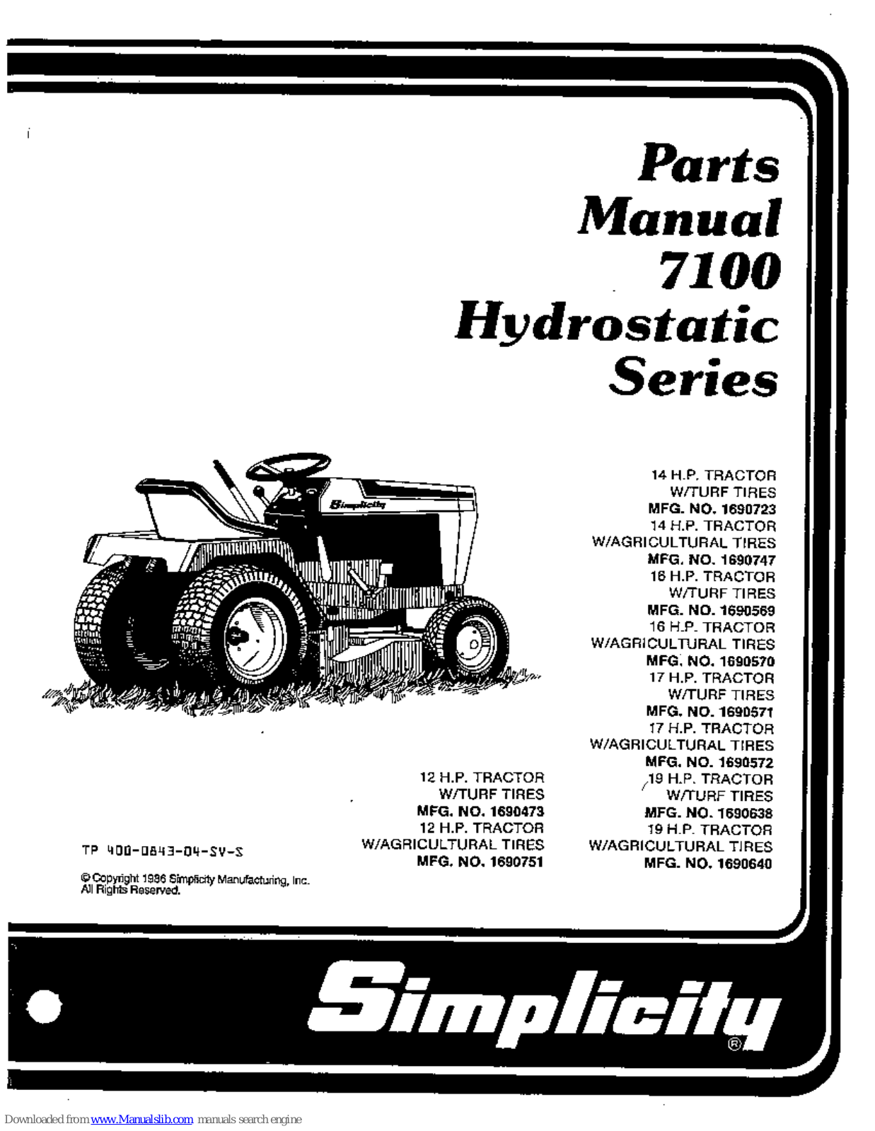 Simplicity 7100 Hydrostatic Series, 7112, 7114, 7116, 7117 Parts Manual